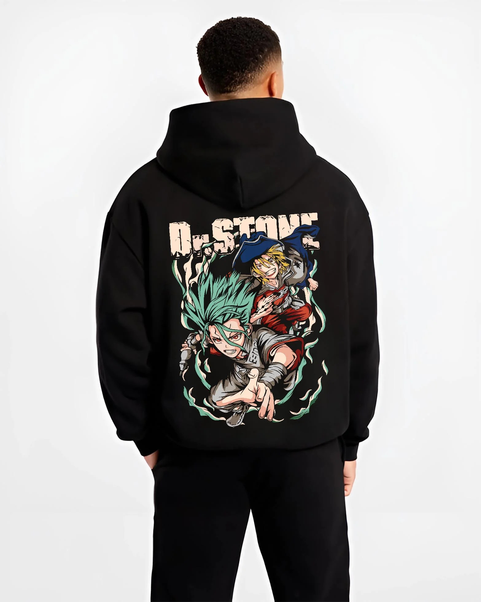 Black hoodie worn by male model, back view with Senku Chrome Hoodie Dr Stone Duo Science Adventure graphic premium wear.