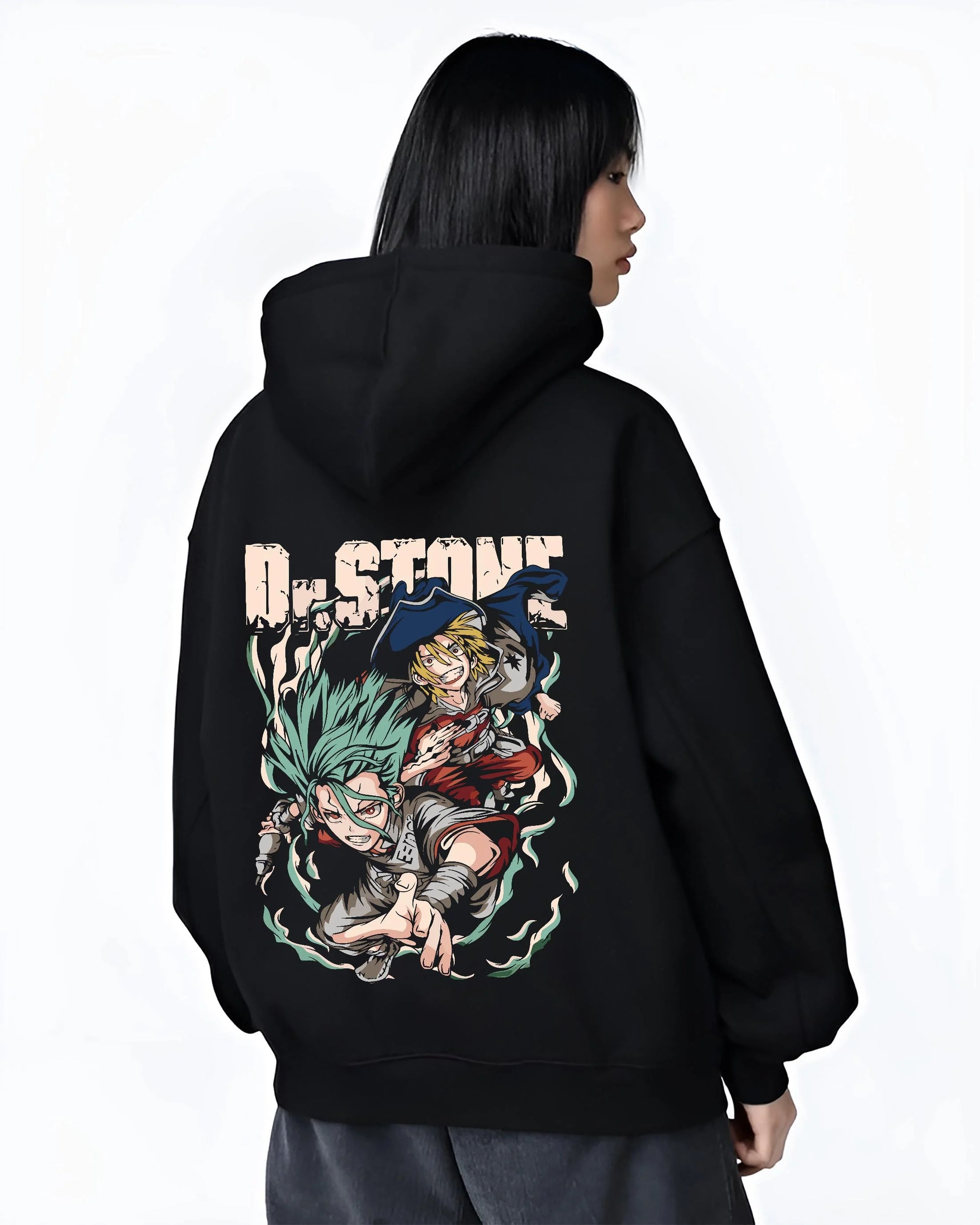 Black hoodie worn by female model, back view with Senku Chrome Hoodie Dr Stone Duo Science Adventure graphic premium wear.