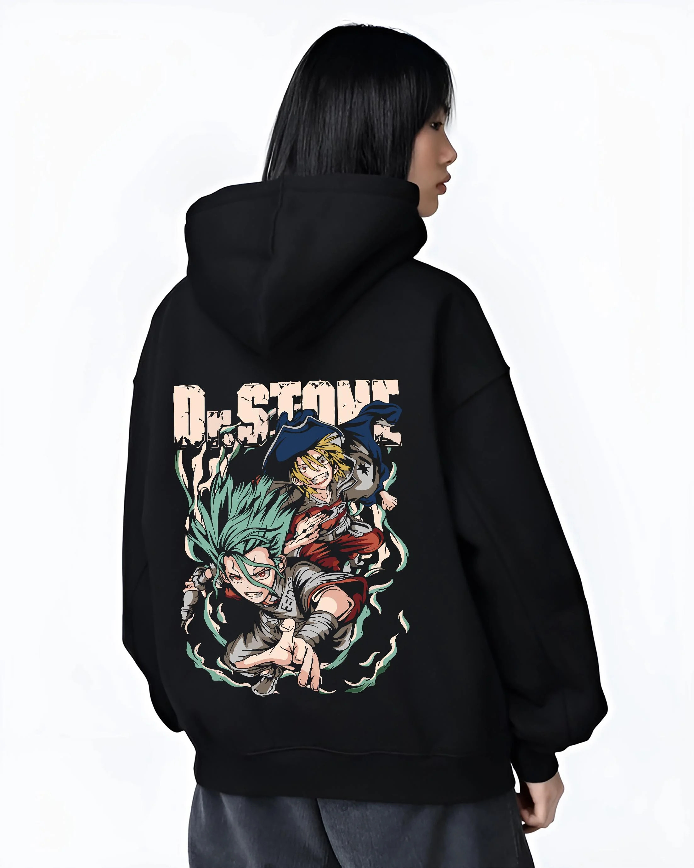 Black hoodie worn by female model, back view with Senku Chrome Hoodie Dr Stone Duo Science Adventure graphic premium wear.