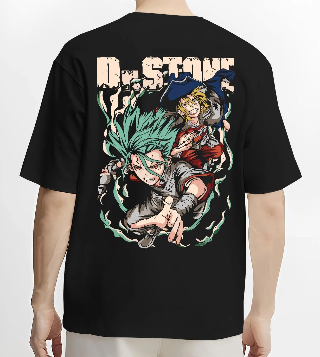 Black T-shirt worn by male model, back view with Senku Chrome Hoodie Dr Stone Duo Science Adventure graphic bold anime graphic.