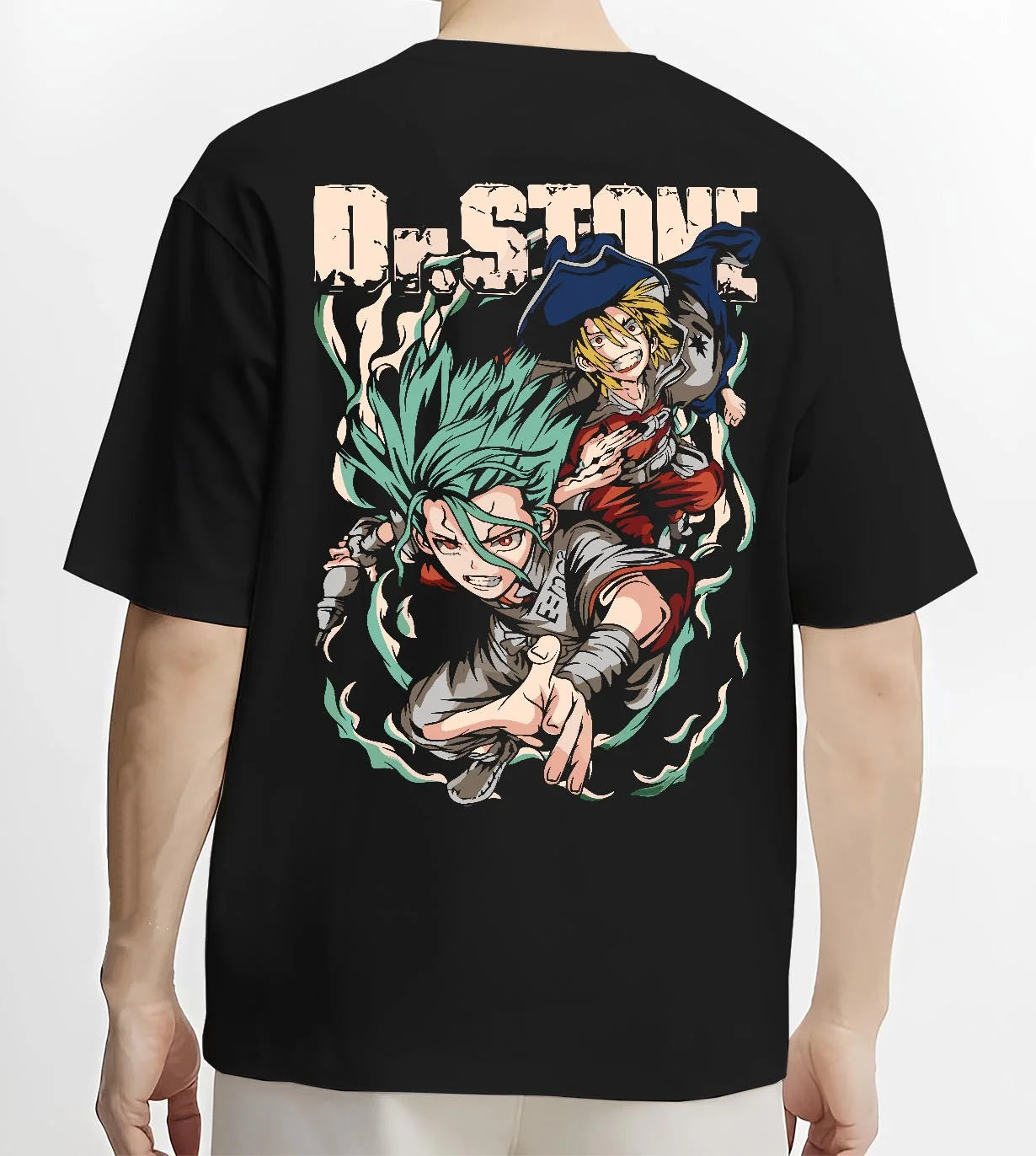 Black T-shirt worn by male model, back view with Senku Chrome Hoodie Dr Stone Duo Science Adventure graphic bold anime graphic.
