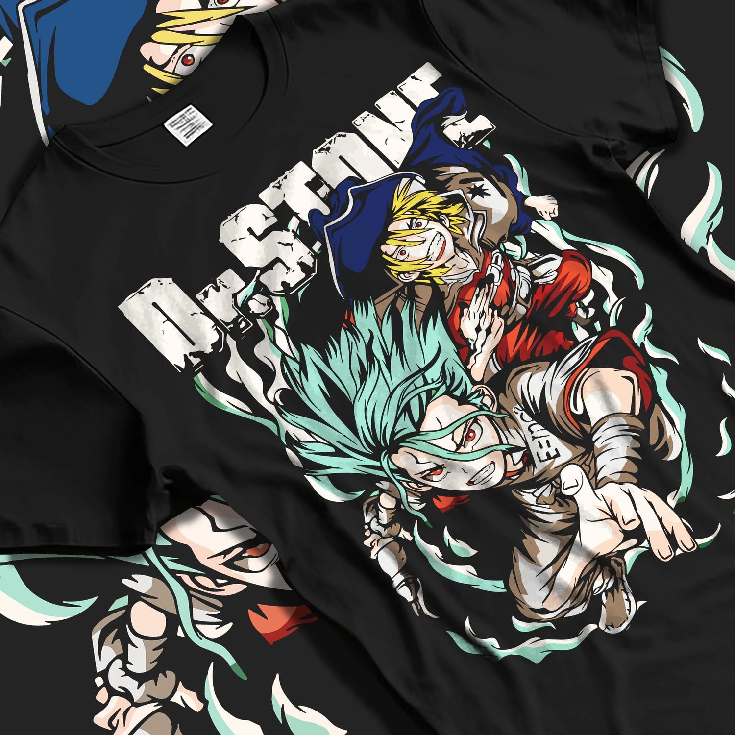 Black T-shirt laid flat with natural folds with Senku Chrome Hoodie Dr Stone Duo Science Adventure graphic bold anime graphic.