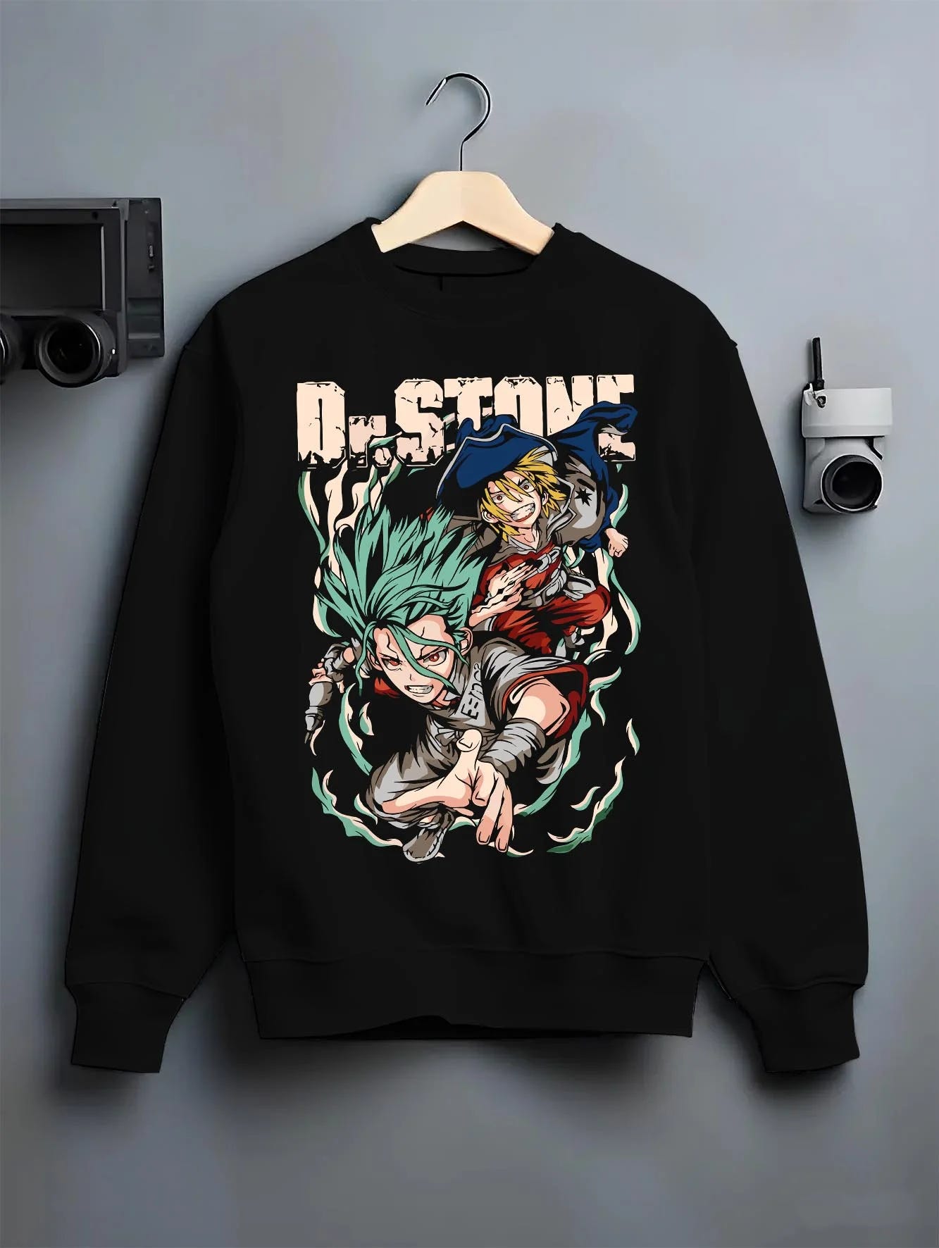 Black crewneck sweatshirt on hanger with Senku Chrome Hoodie Dr Stone Duo Science Adventure graphic bold anime graphic.