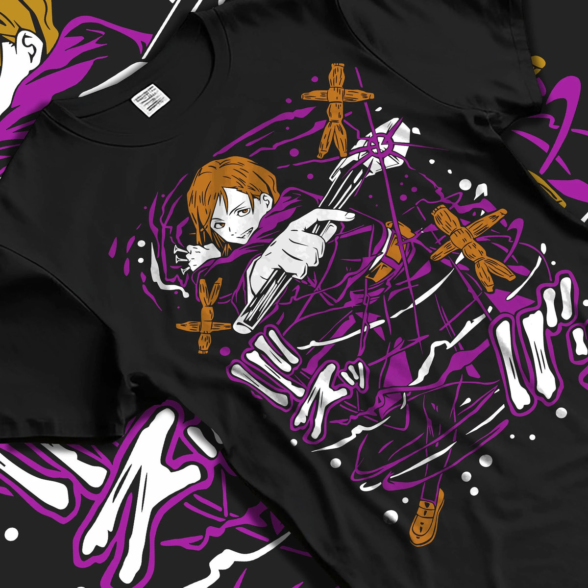 Black T-shirt laid flat with natural folds featuring Nobara Kugisaki Straw Doll Technique Jujutsu Kaisen artwork.