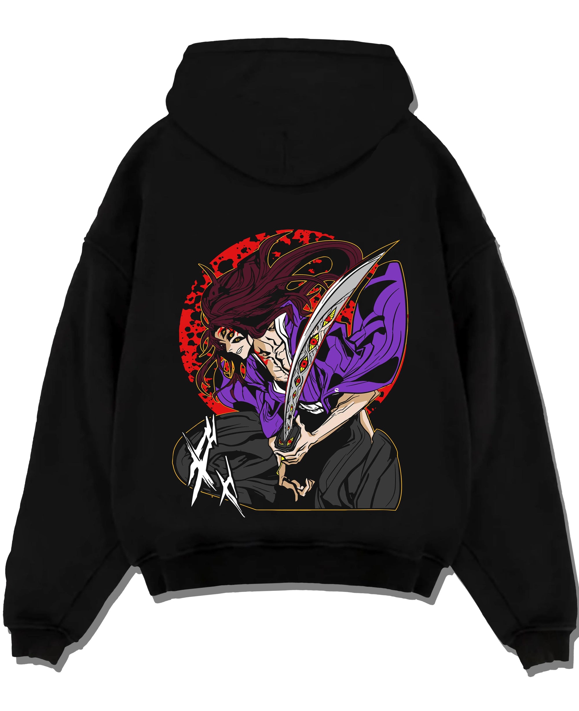 Black pullover hoodie laid flat with Ryomen Sukuna Hoodie Jujutsu Kaisen Curse Demon graphic premium wear.