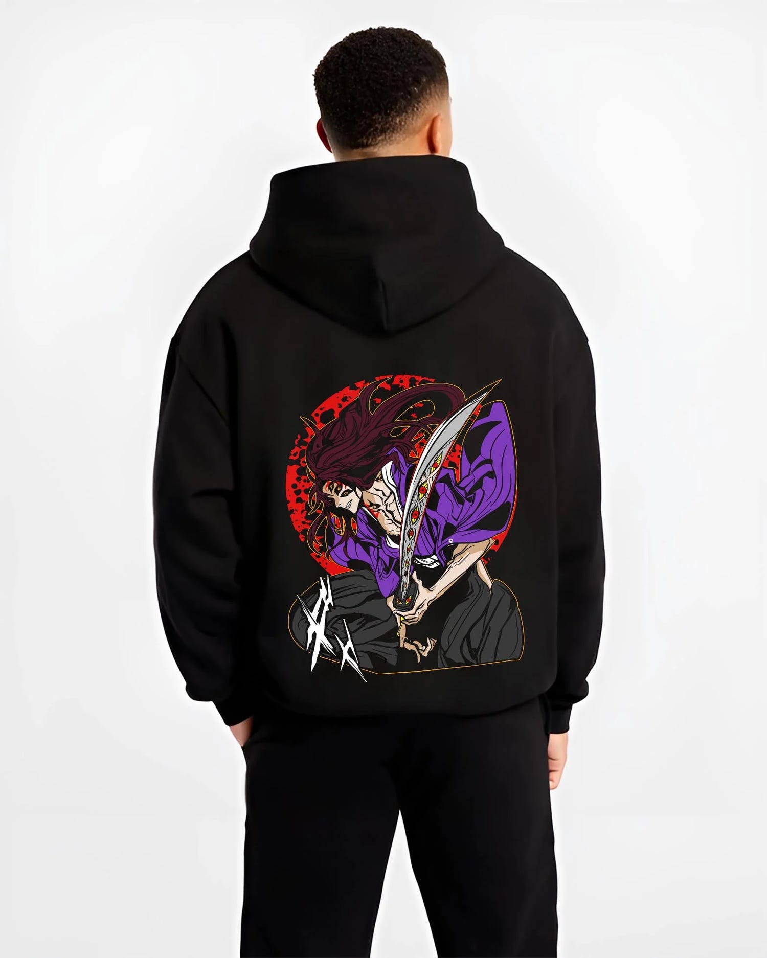 Black hoodie worn by male model, back view with Ryomen Sukuna Hoodie Jujutsu Kaisen Curse Demon graphic premium wear.