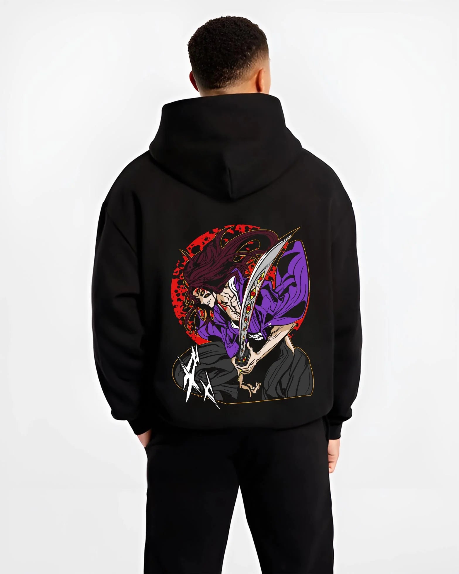 Black hoodie worn by male model, back view with Ryomen Sukuna Hoodie Jujutsu Kaisen Curse Demon graphic premium wear.