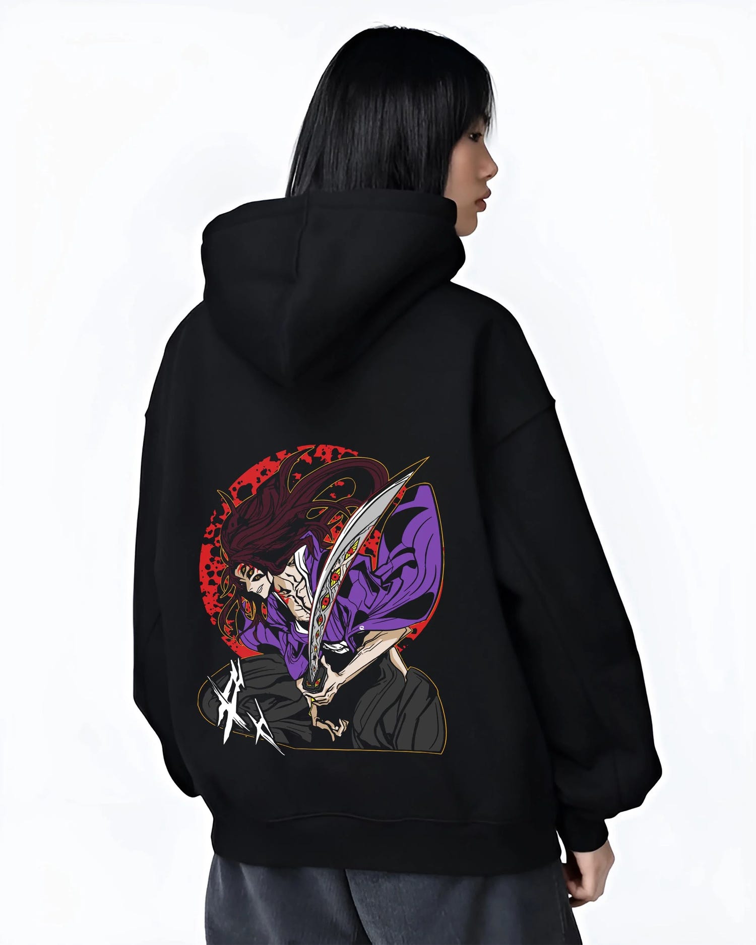 Black hoodie worn by female model, back view with Ryomen Sukuna Hoodie Jujutsu Kaisen Curse Demon graphic premium wear.