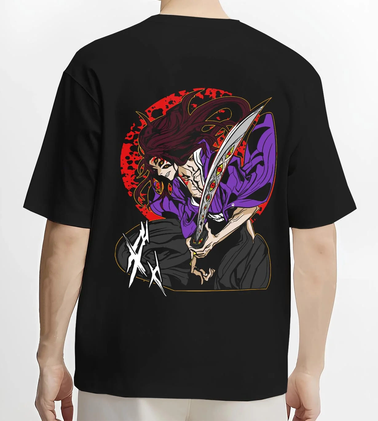Black T-shirt worn by male model, back view with Ryomen Sukuna Hoodie Jujutsu Kaisen Curse Demon graphic bold anime graphic.
