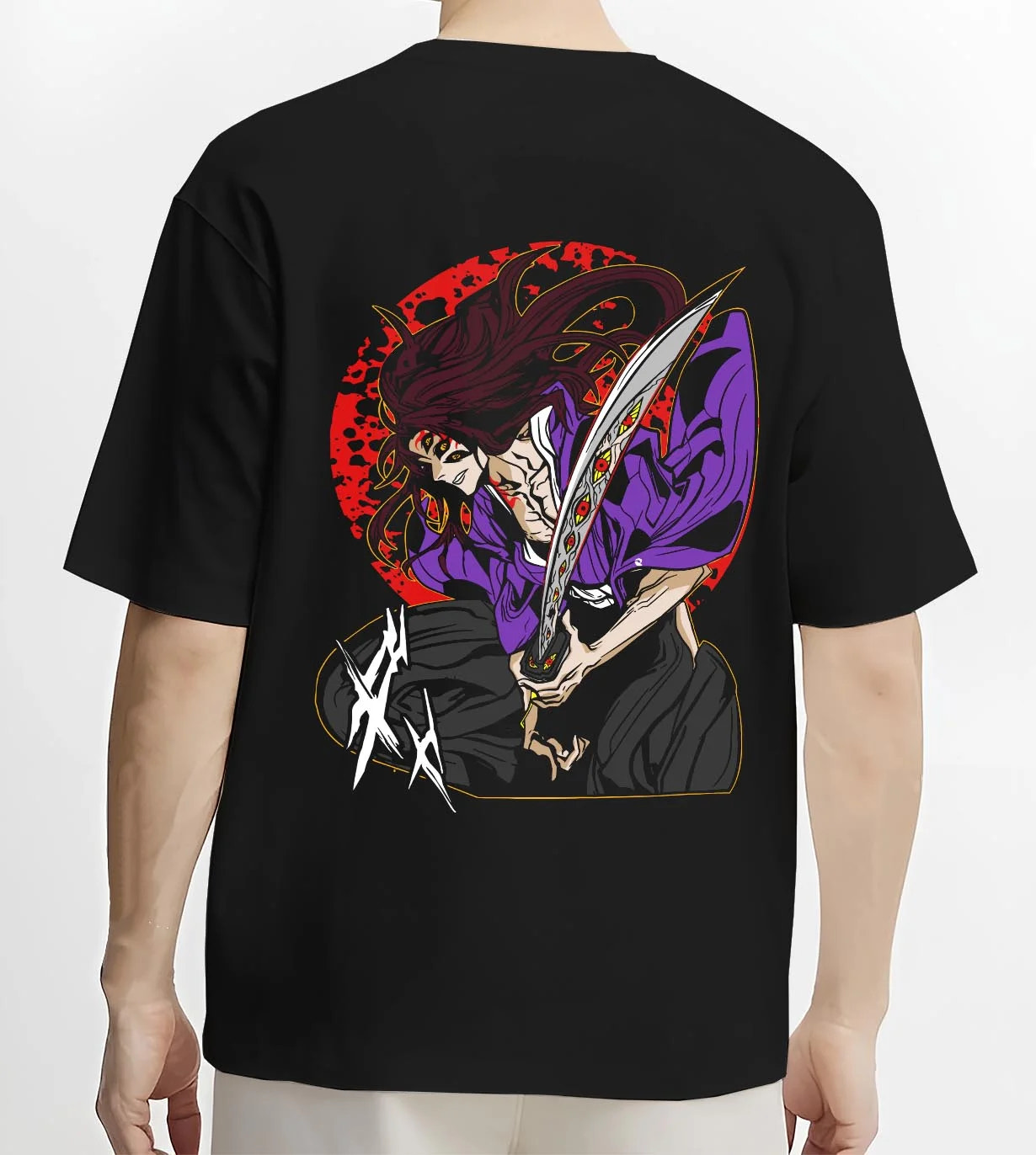 Black T-shirt worn by male model, back view with Ryomen Sukuna Hoodie Jujutsu Kaisen Curse Demon graphic bold anime graphic.