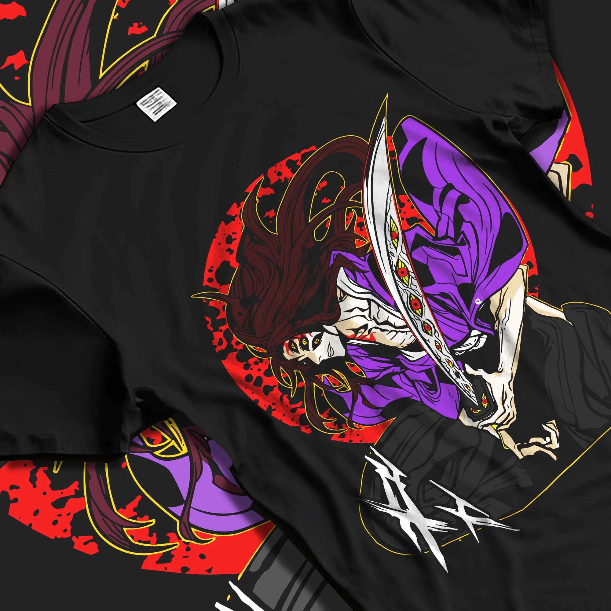Black T-shirt laid flat with natural folds with Ryomen Sukuna Hoodie Jujutsu Kaisen Curse Demon graphic premium wear.