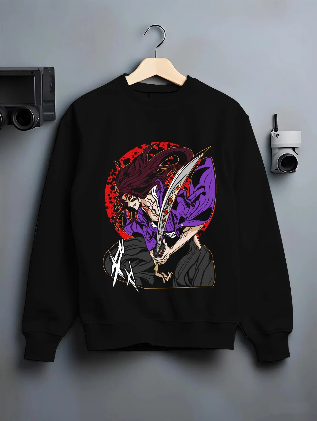 Black crewneck sweatshirt on hanger with Ryomen Sukuna Hoodie Jujutsu Kaisen Curse Demon graphic streetwear graphic.