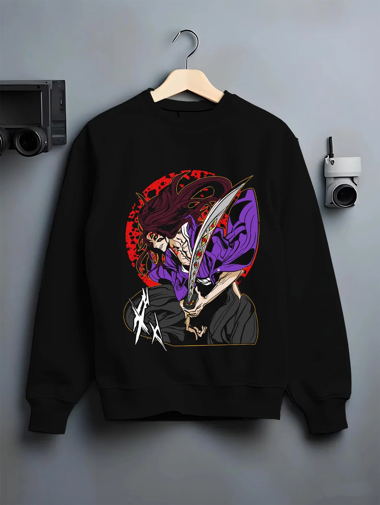 Black crewneck sweatshirt on hanger with Ryomen Sukuna Hoodie Jujutsu Kaisen Curse Demon graphic streetwear graphic.
