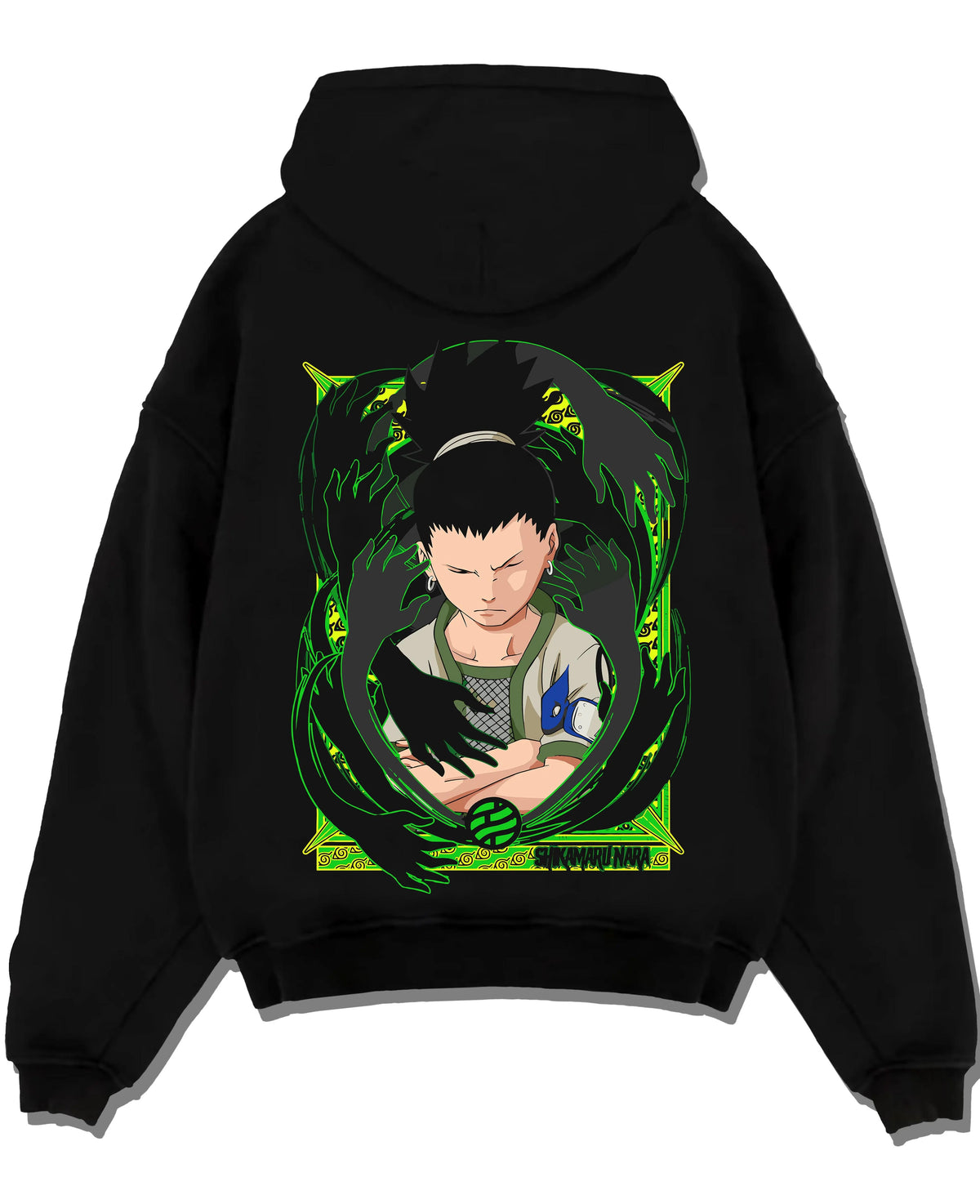 Black hoodie laid flat featuring Shikamaru Nara Shadow Possession Jutsu Naruto artwork.
