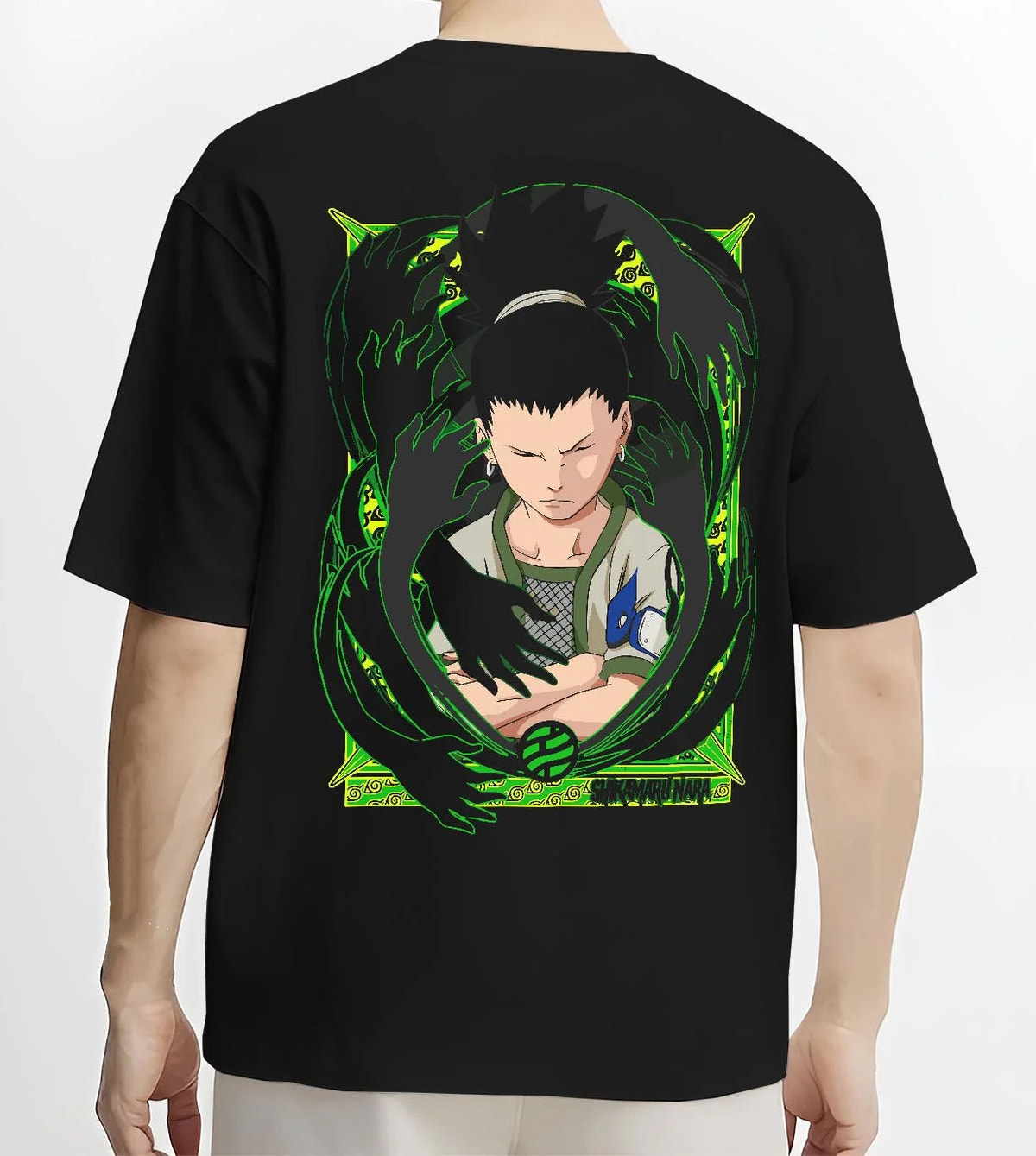 Black T-shirt worn by male model from the back featuring Shikamaru Nara Shadow Possession Jutsu Naruto artwork.