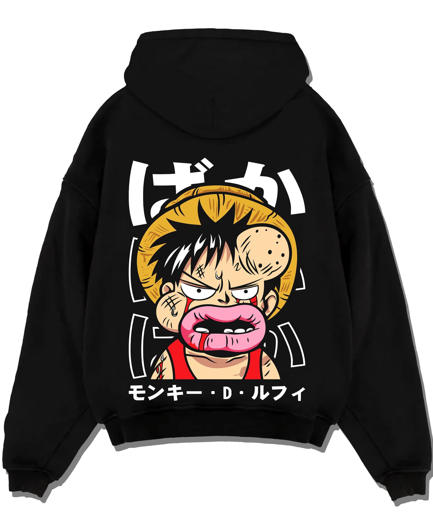 Black pullover hoodie laid flat with Monkey D Luffy Hoodie One Piece Funny Face graphic bold anime graphic.