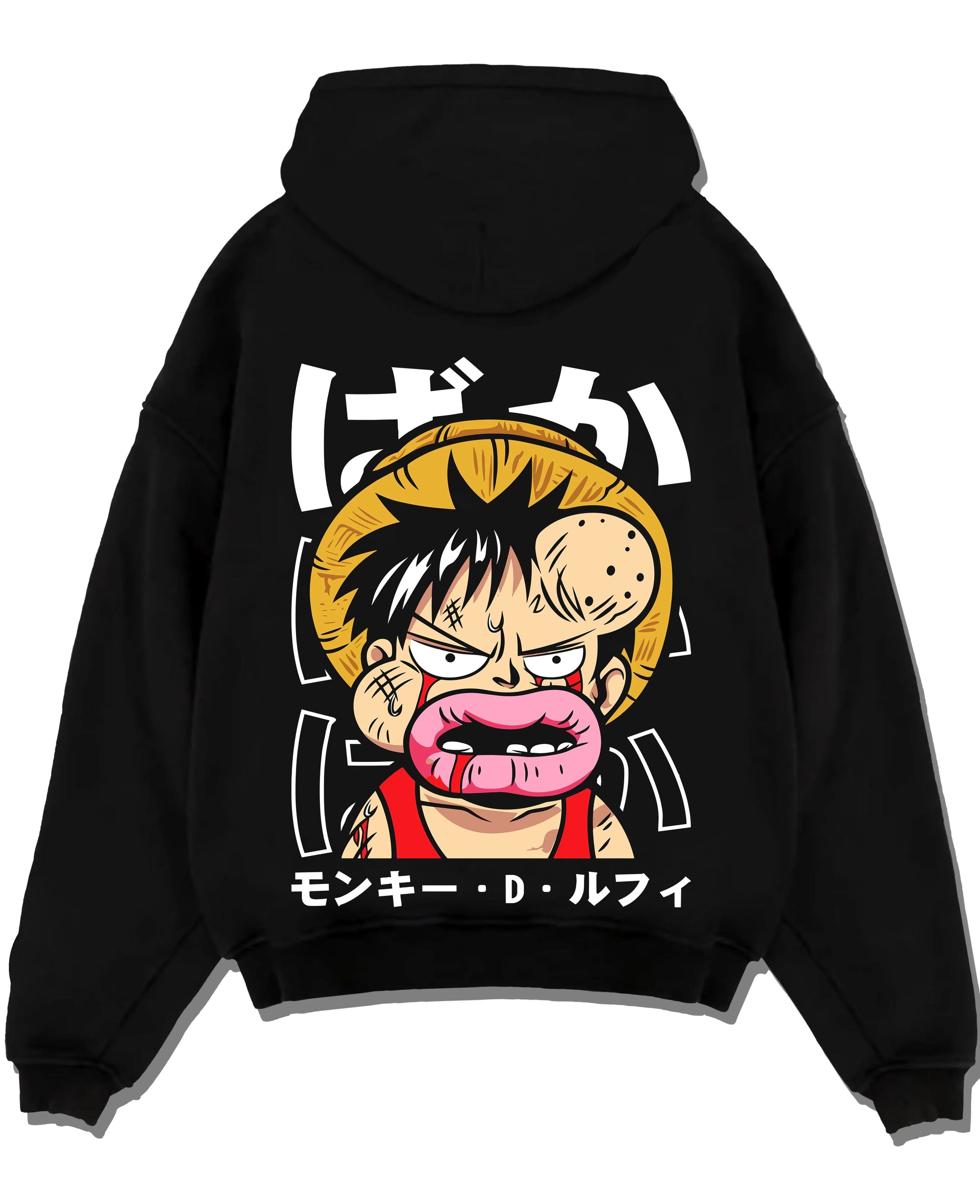 Black pullover hoodie laid flat with Monkey D Luffy Hoodie One Piece Funny Face graphic bold anime graphic.