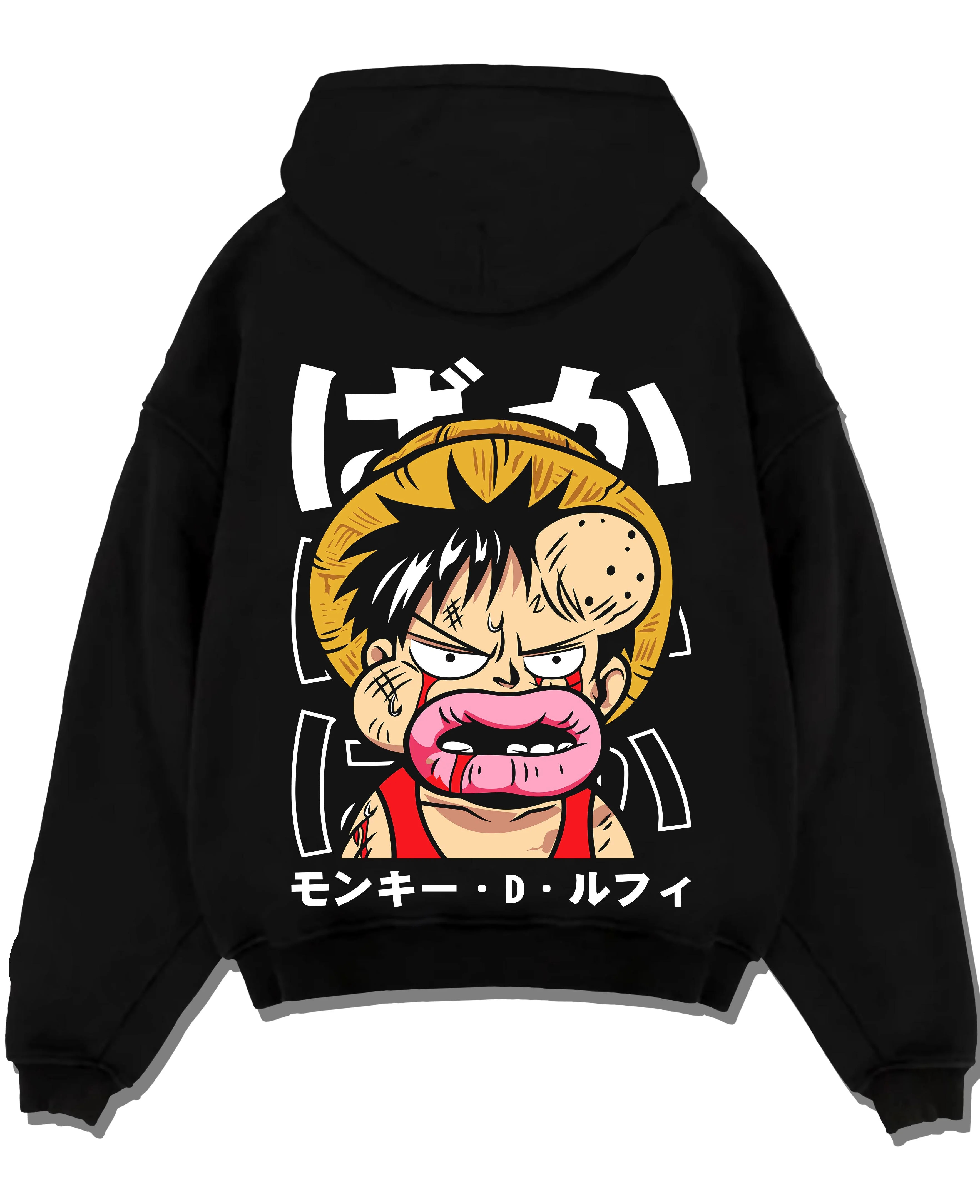 Black pullover hoodie laid flat with Monkey D Luffy Hoodie One Piece Funny Face graphic bold anime graphic.