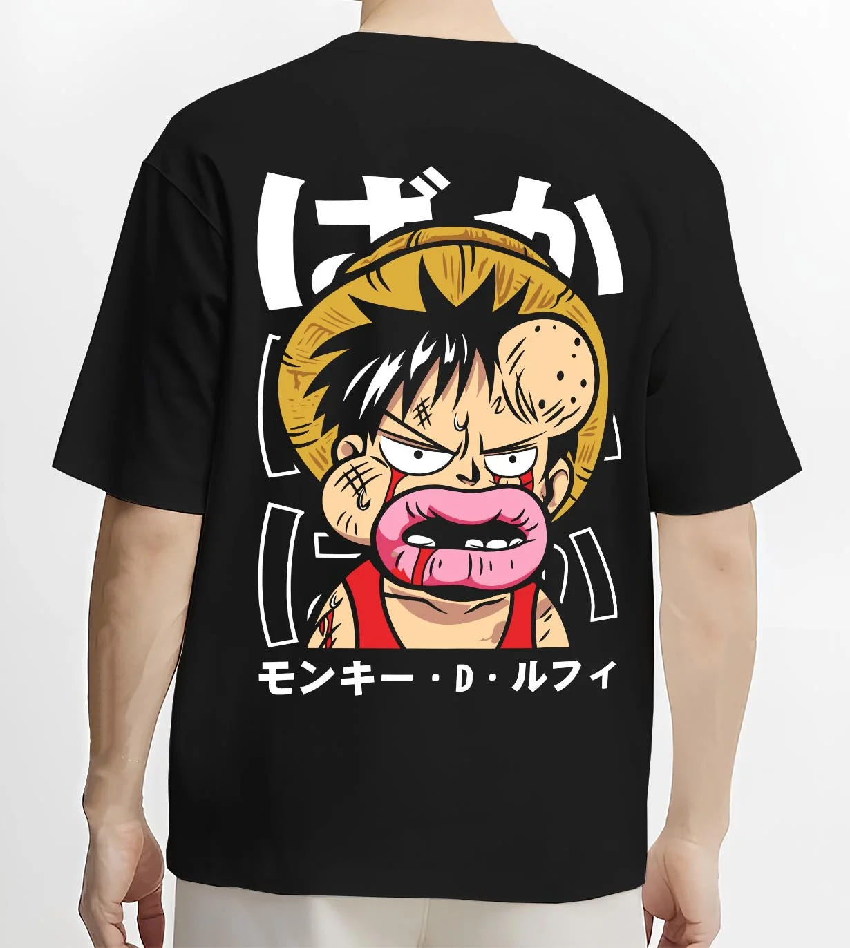 Black T-shirt worn by male model, back view with Monkey D Luffy Hoodie One Piece Funny Face graphic premium wear.