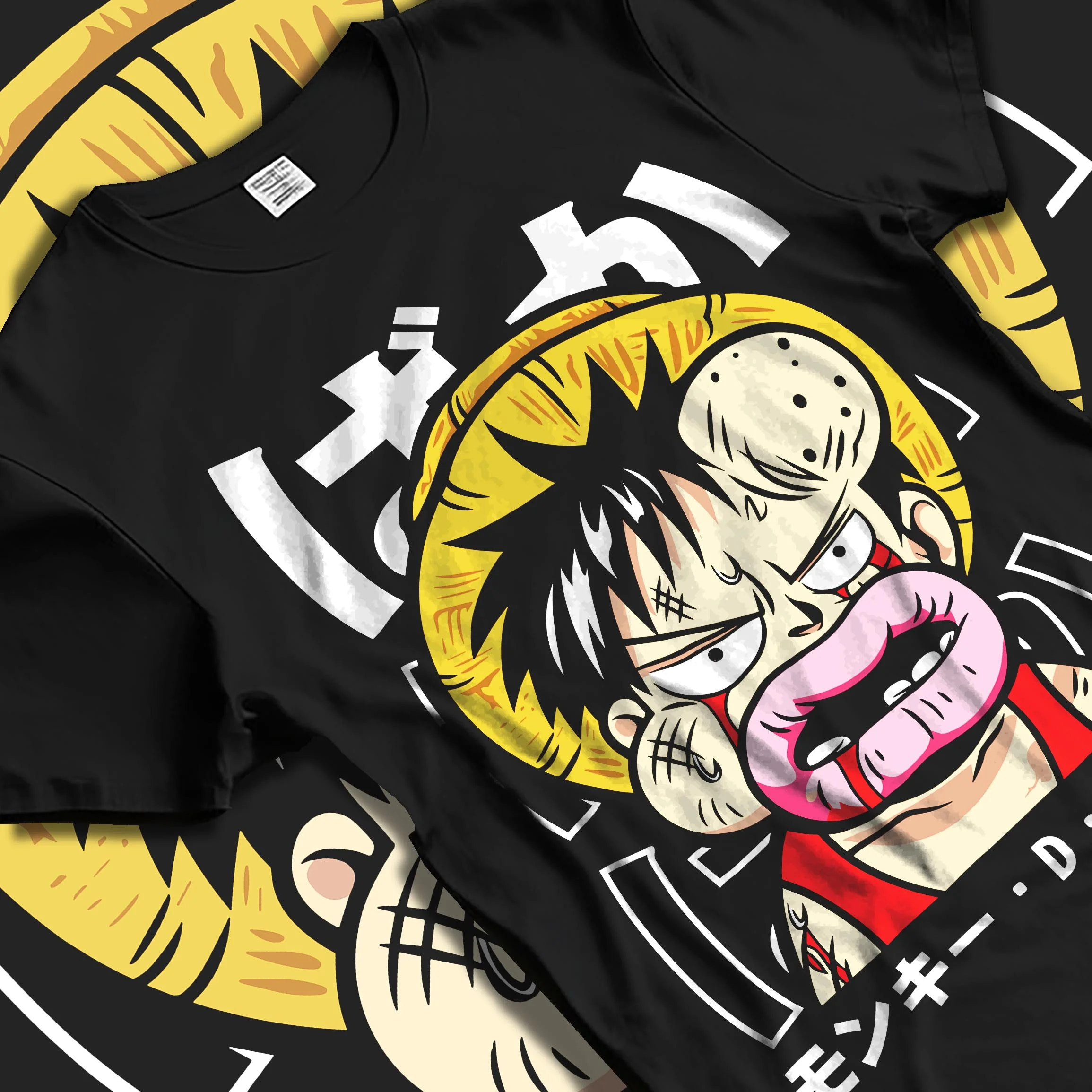 Black T-shirt laid flat with natural folds with Monkey D Luffy Hoodie One Piece Funny Face graphic premium wear.