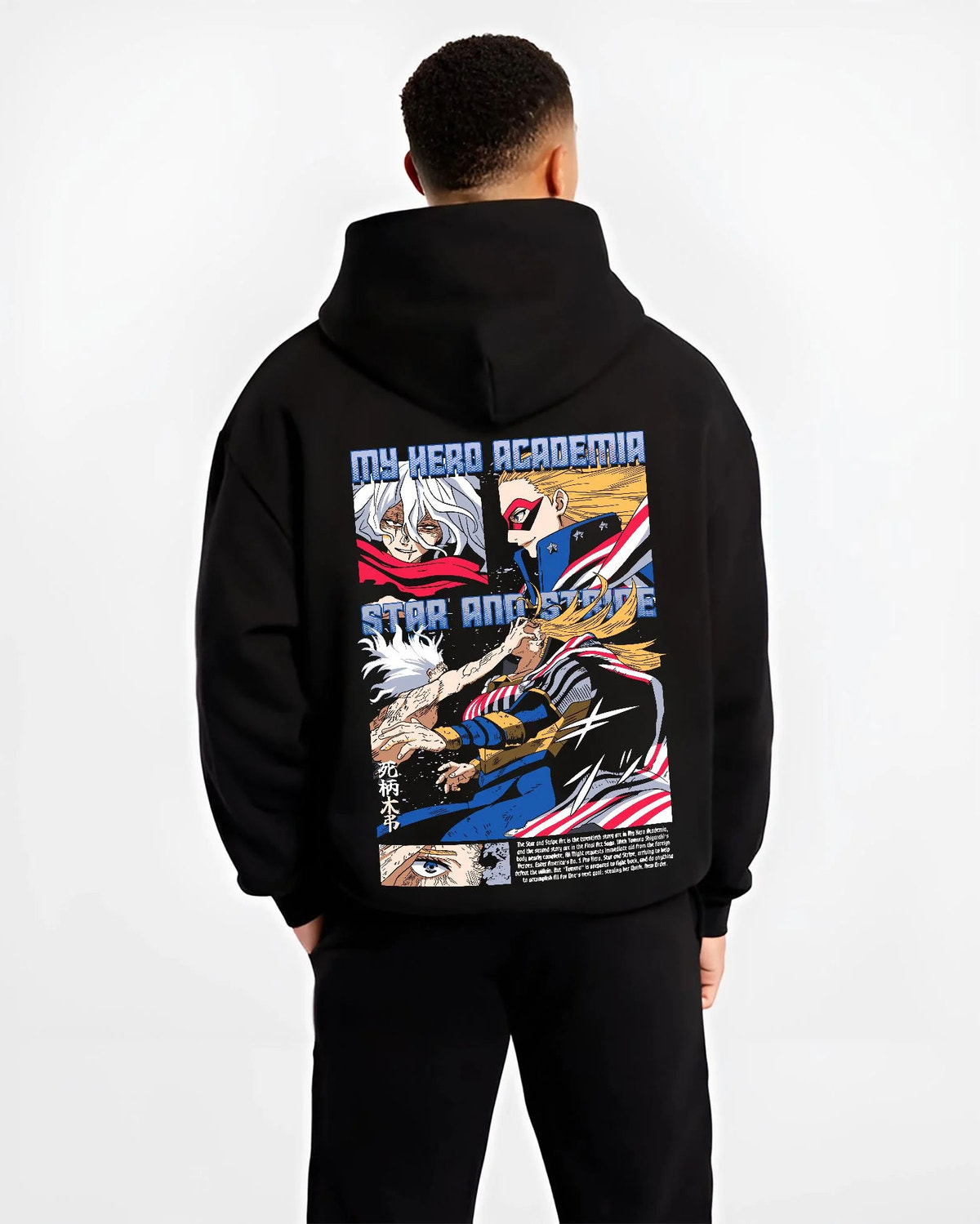 Black hoodie worn by male model from the back featuring Star and Stripe New Order quirk My Hero Academia artwork.