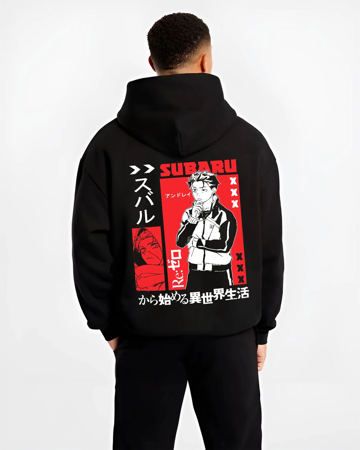 Black hoodie model back view showing Subaru Natsuki from Re:Zero: Re:Zero black/red portrait