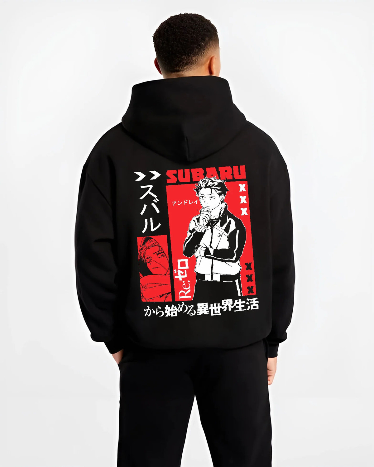 Black hoodie model back view showing Subaru Natsuki from Re:Zero: Re:Zero black/red portrait