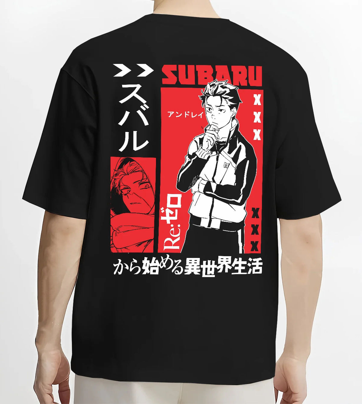 Black T-shirt model back view showing Subaru Natsuki from Re:Zero: Re:Zero black/red portrait