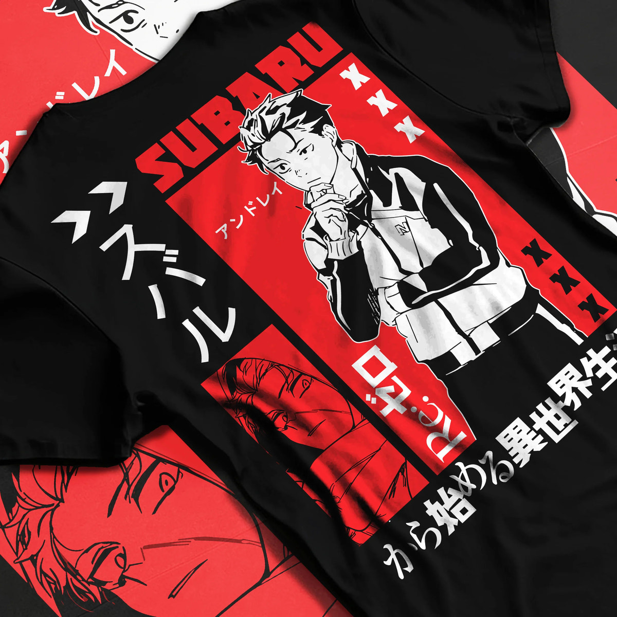Black T-shirt flat back view showing Subaru Natsuki from Re:Zero: Re:Zero black/red portrait