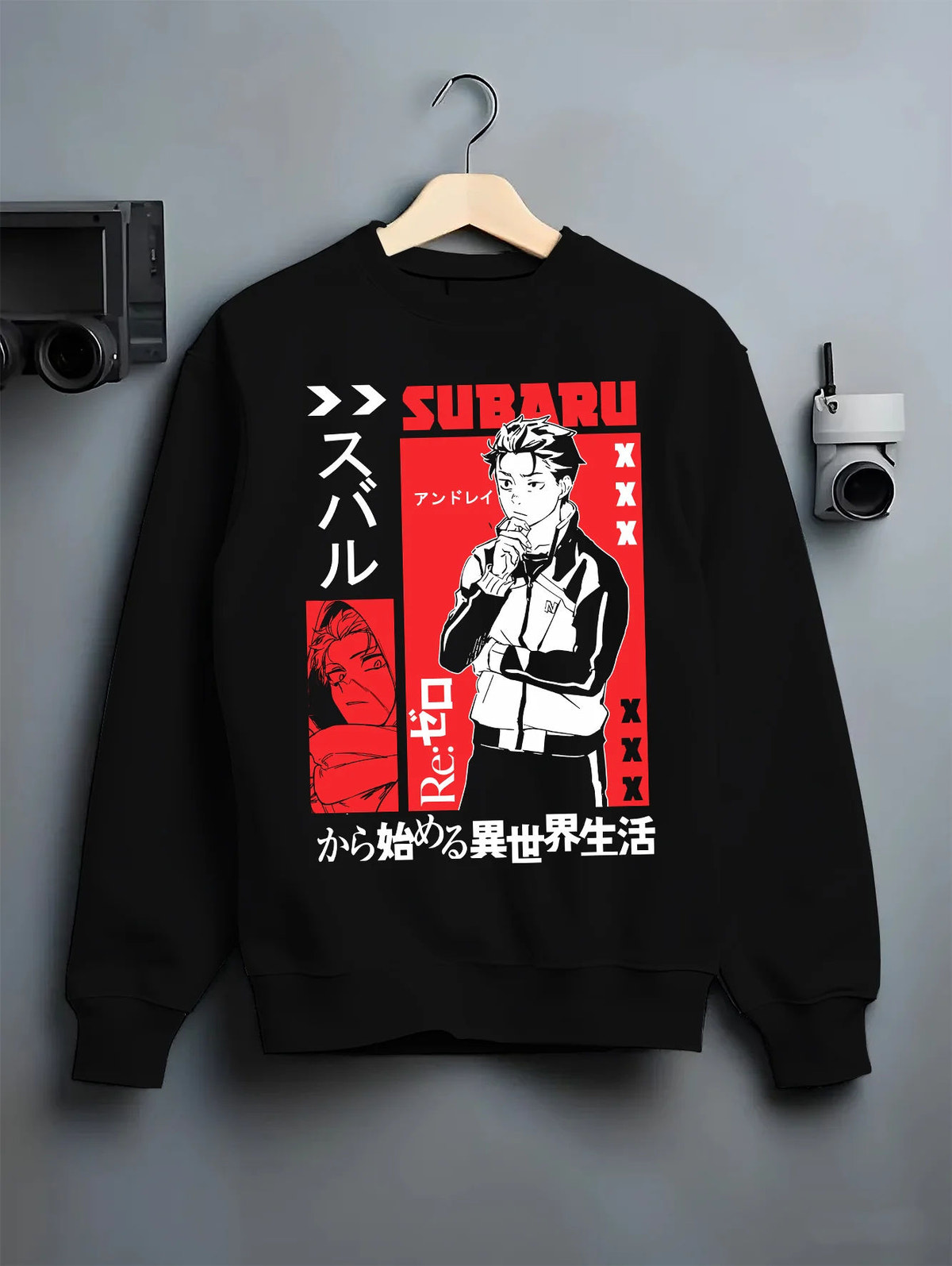 Black crewneck sweatshirt on hanger showing Subaru Natsuki from Re:Zero: Re:Zero black/red portrait