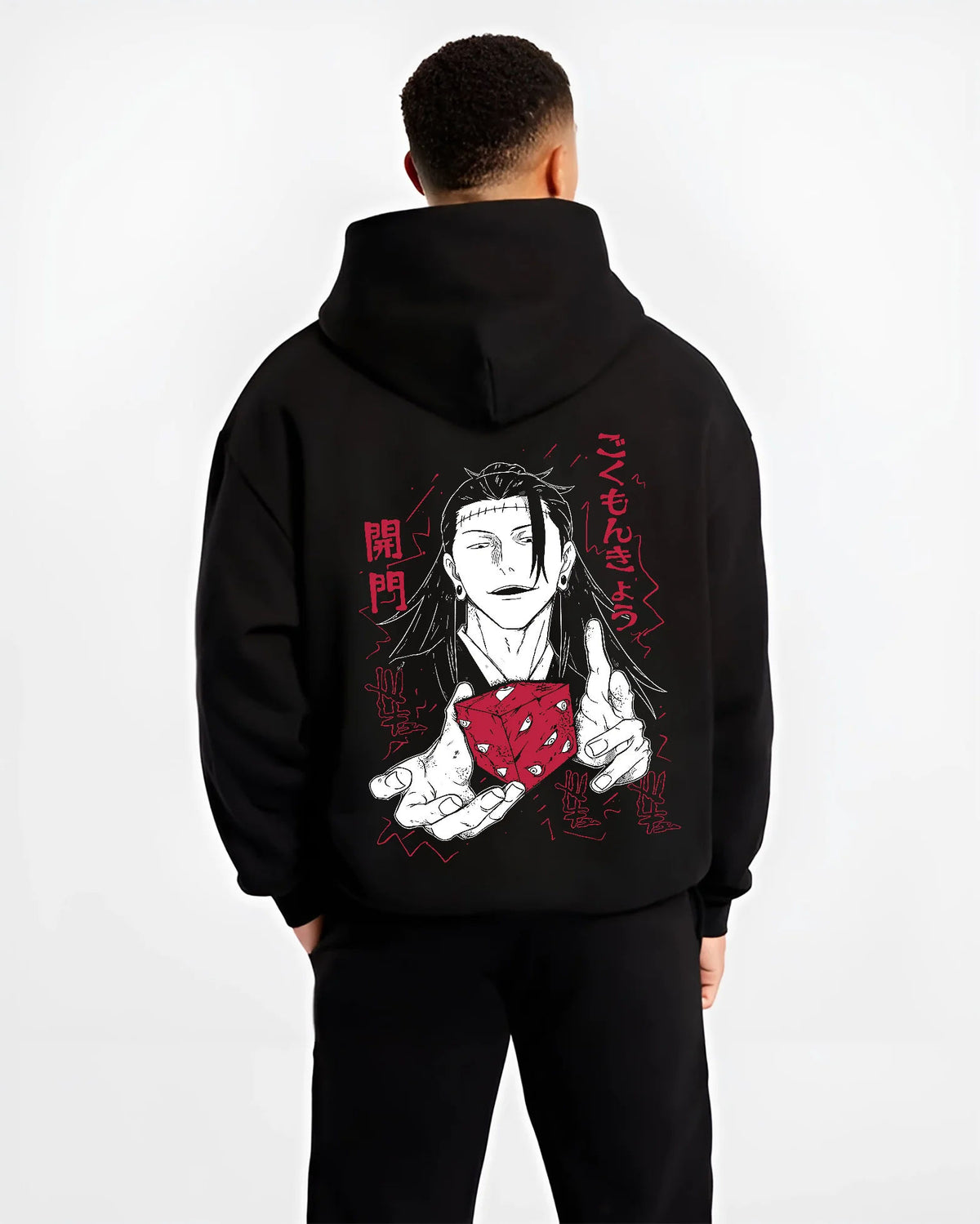 Black hoodie model back view showing Suguru Geto from Jujutsu Kaisen: black-haired sorcerer with red die