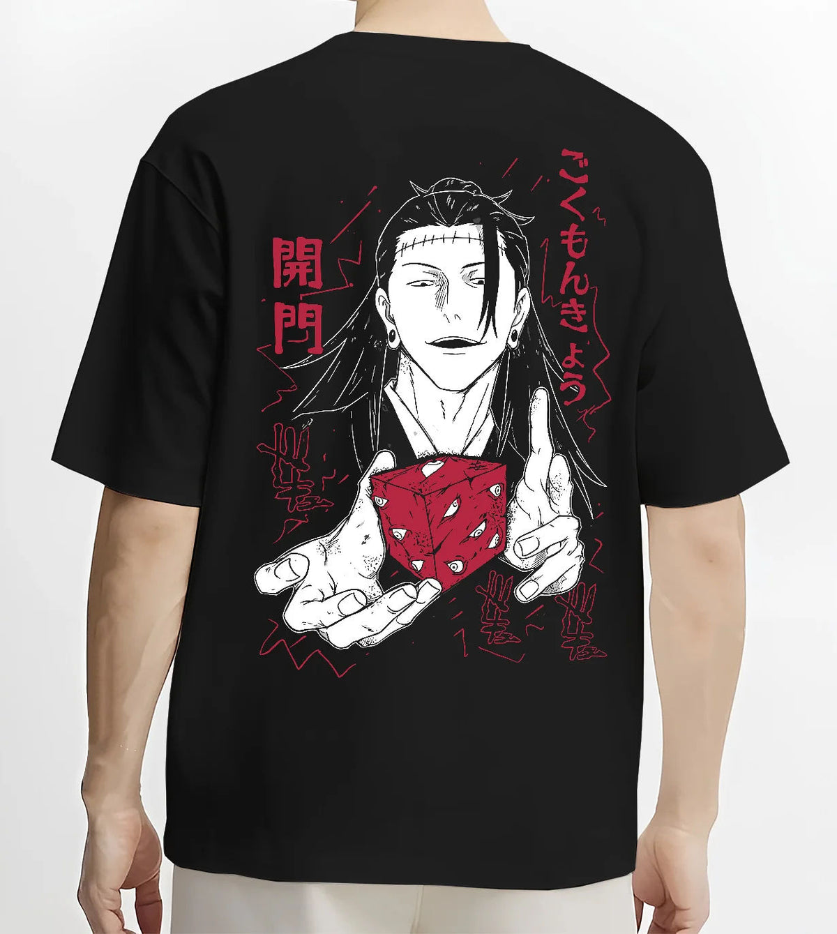 Black T-shirt model back view showing Suguru Geto from Jujutsu Kaisen: black-haired sorcerer with red die