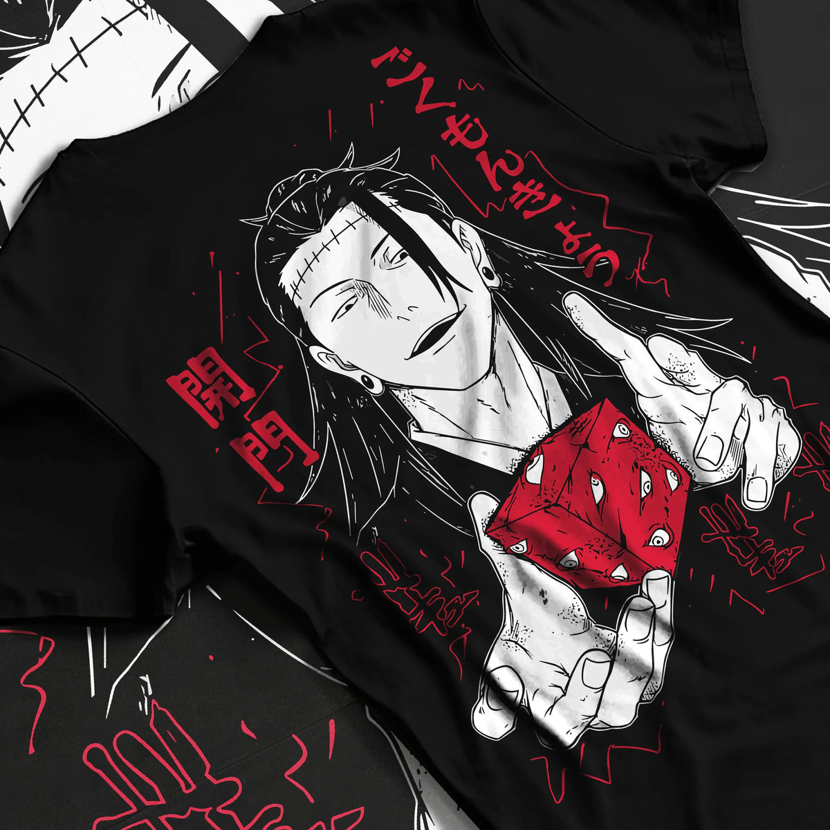 Black T-shirt flat back view showing Suguru Geto from Jujutsu Kaisen: black-haired sorcerer with red die