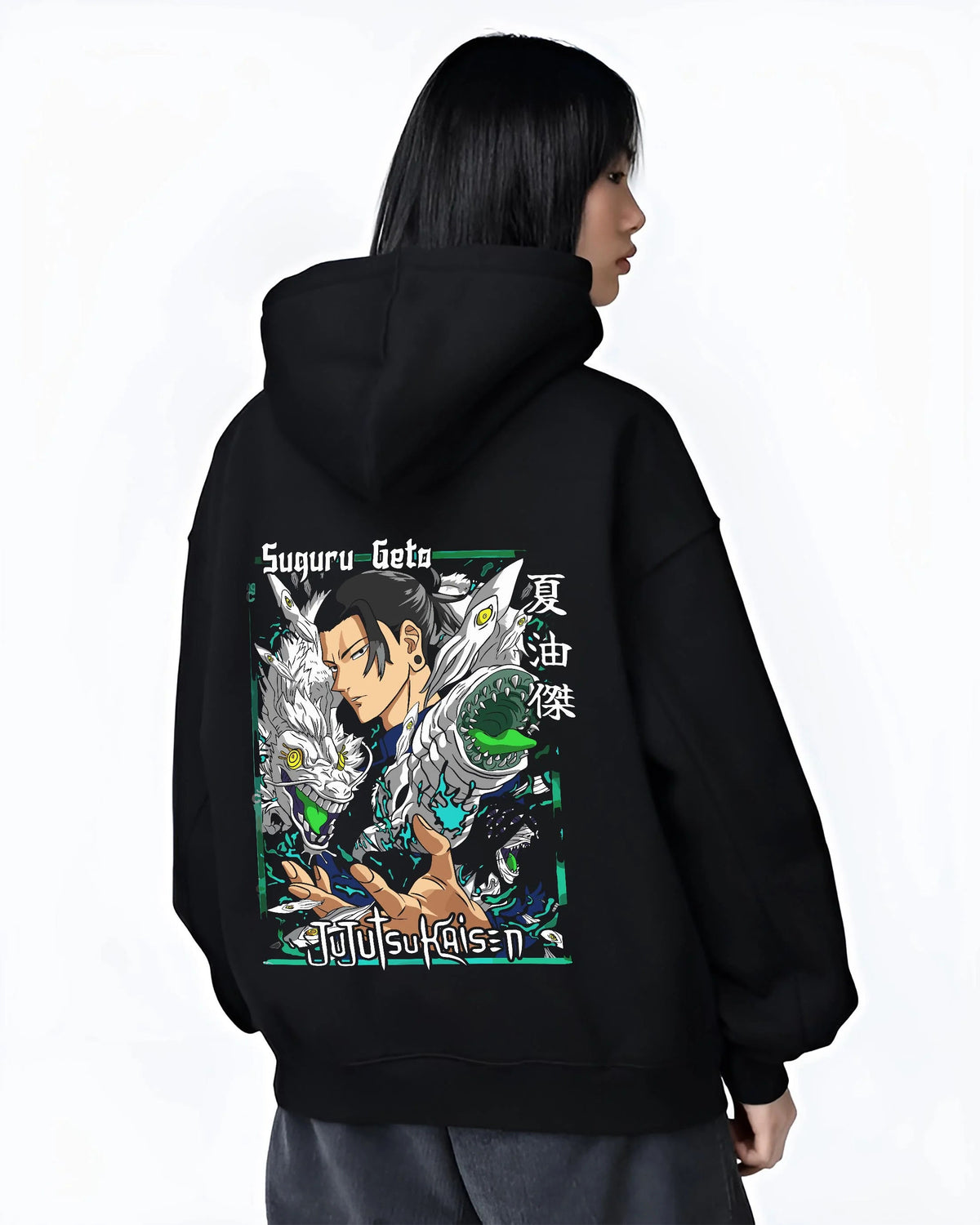 Black hoodie worn by female model from the back featuring Suguru Geto cursed spirit manipulation Jujutsu Kaisen artwork.