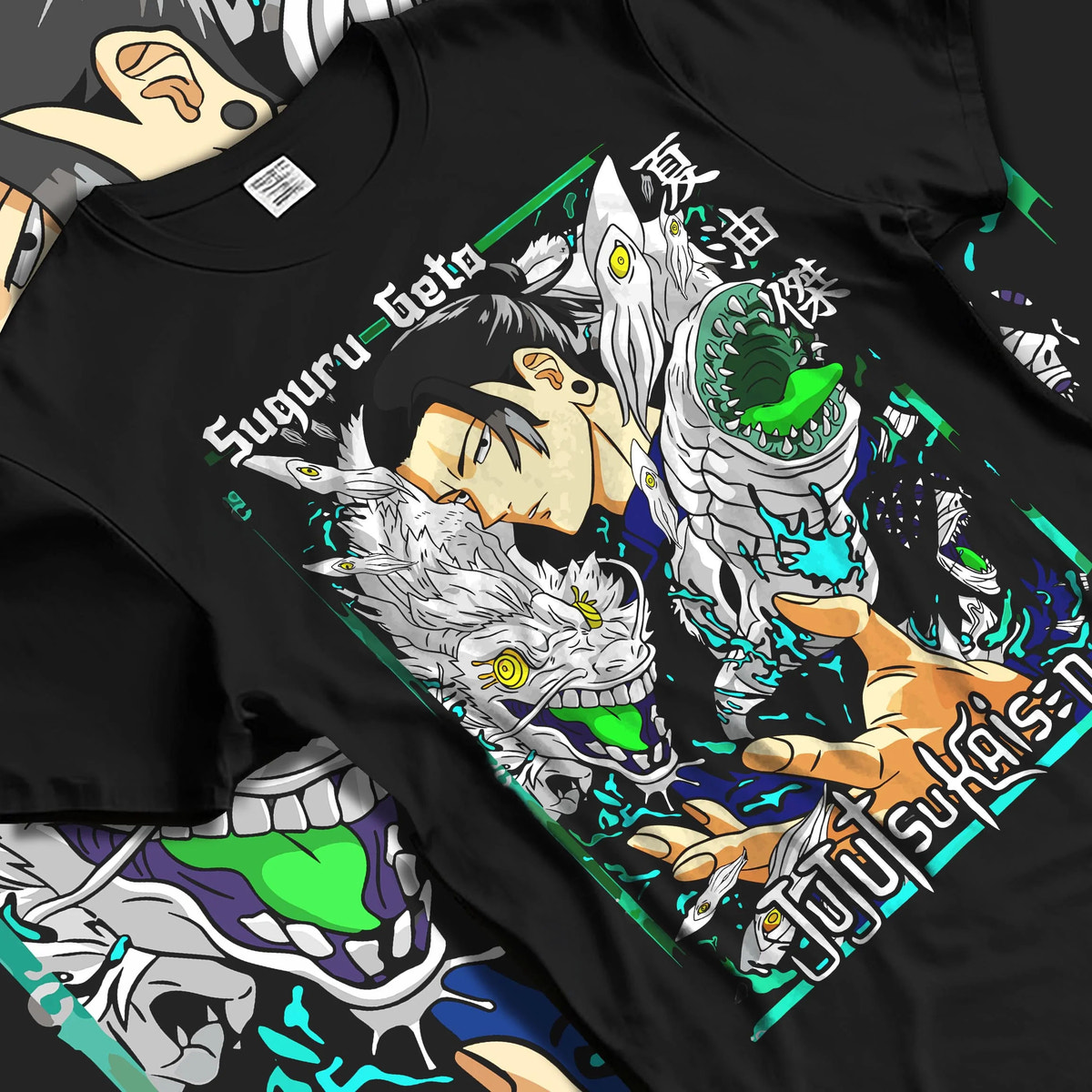Black T-shirt laid flat with natural folds featuring Suguru Geto cursed spirit manipulation Jujutsu Kaisen artwork.