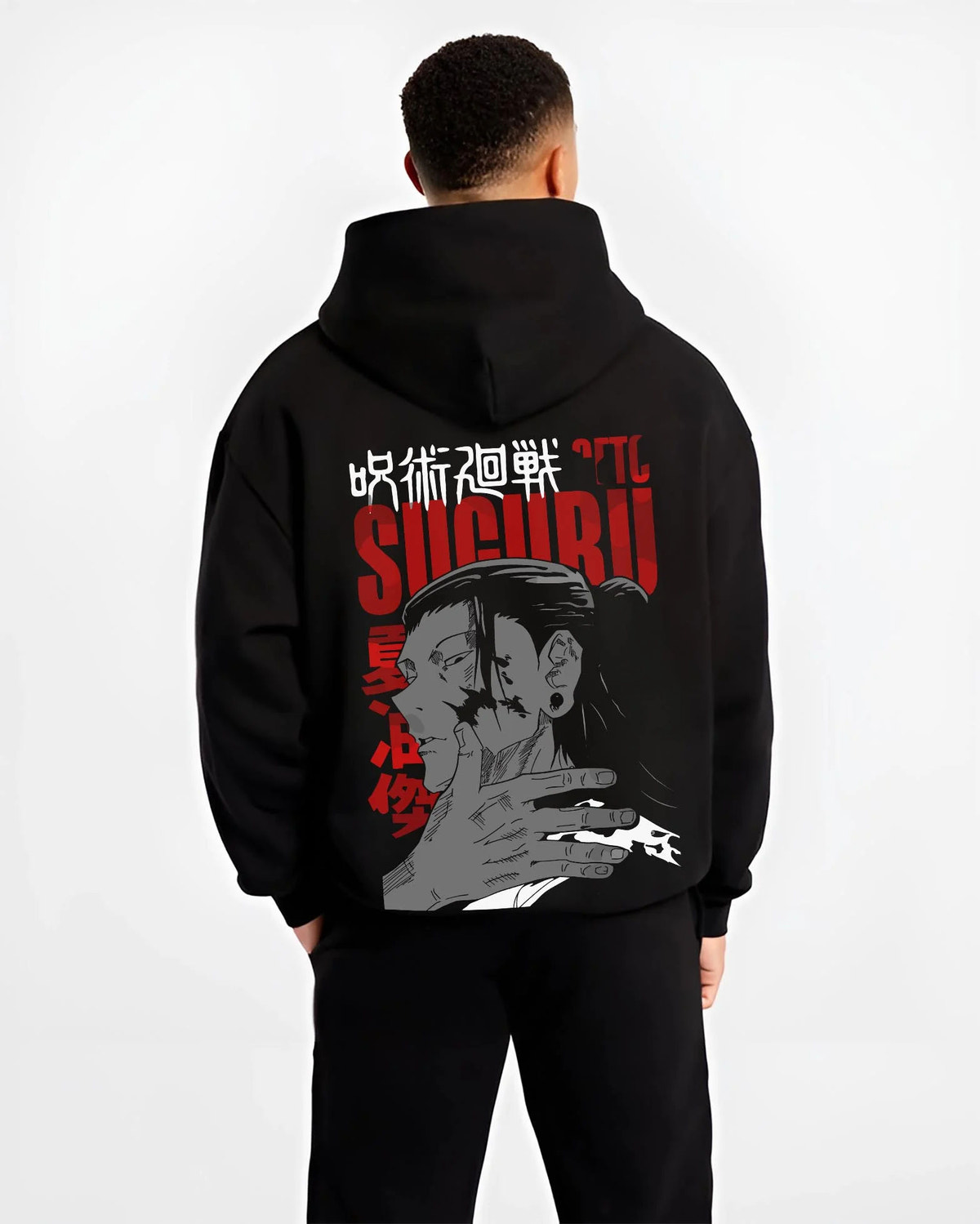 Black hoodie worn by male model from the back featuring Suguru Geto cursed spirit portrait Jujutsu Kaisen artwork.