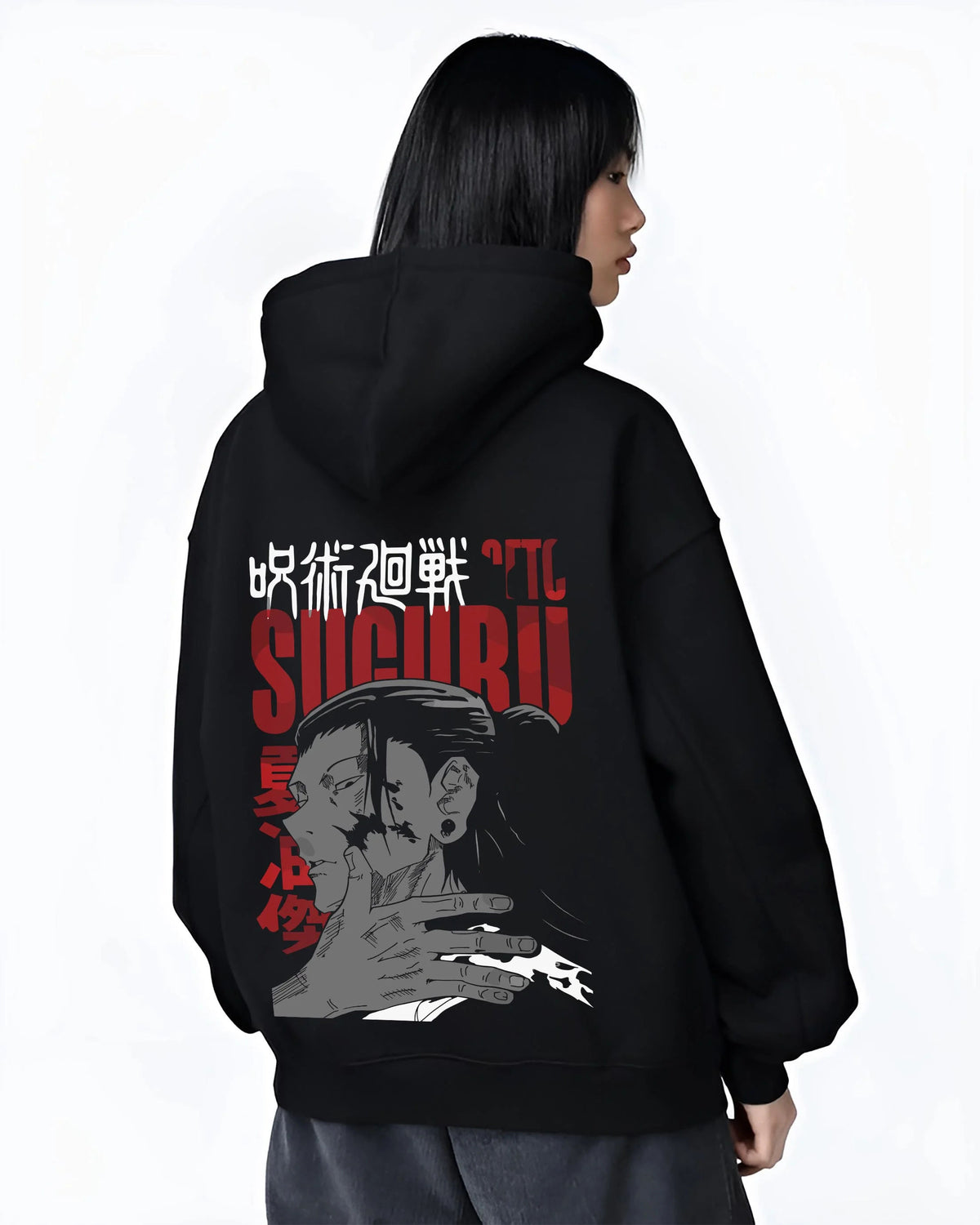 Black hoodie worn by female model from the back featuring Suguru Geto cursed spirit portrait Jujutsu Kaisen artwork.