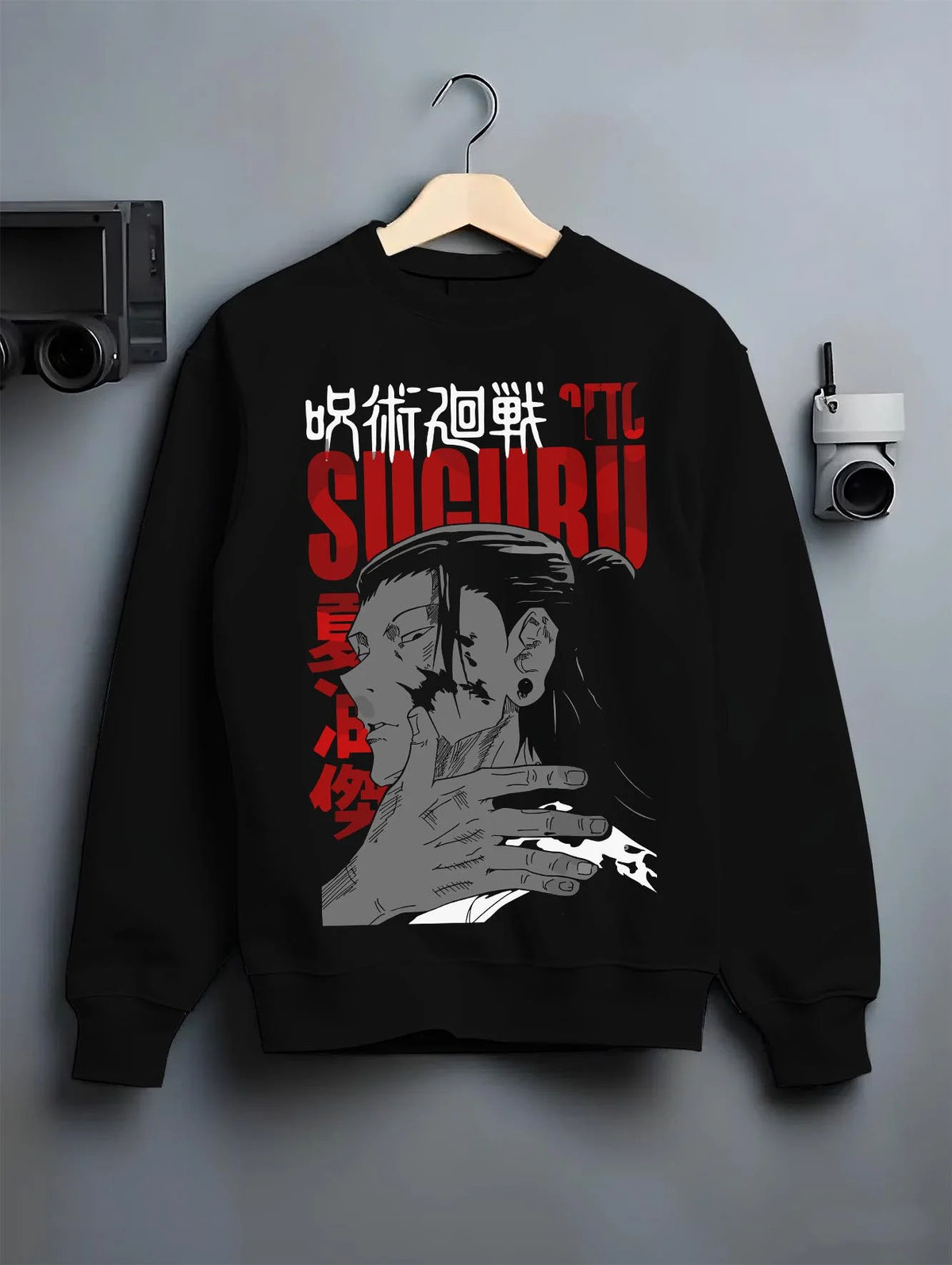 Black crewneck sweatshirt on hanger featuring Suguru Geto cursed spirit portrait Jujutsu Kaisen artwork.