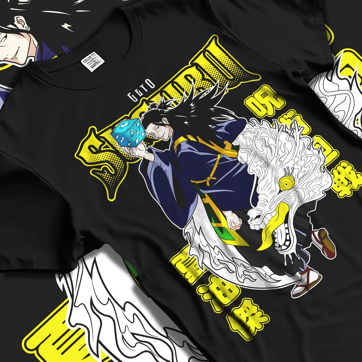 Black T-shirt laid flat with natural folds featuring Suguru Geto dragon curse Jujutsu Kaisen artwork.