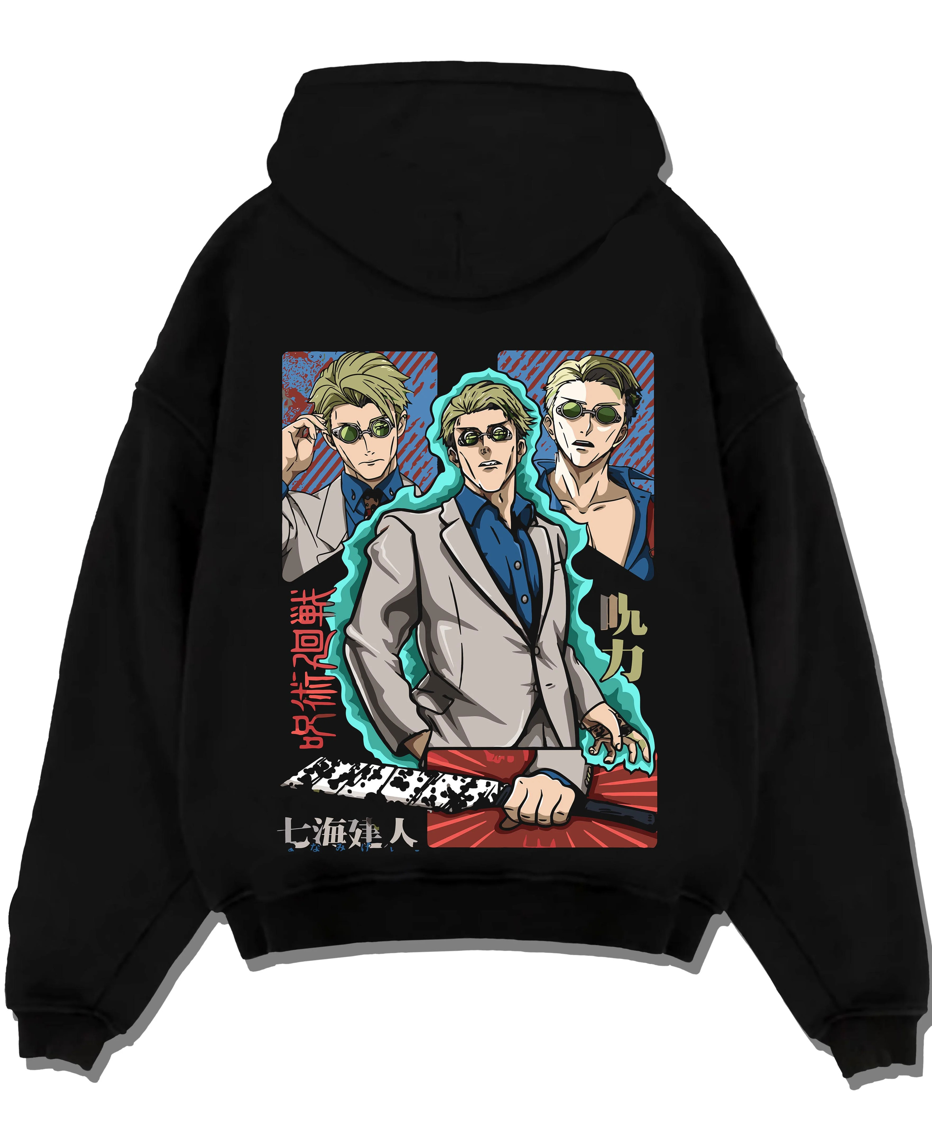 Black pullover hoodie laid flat with Nanami Kento Hoodie Jujutsu Kaisen Business Suit graphic bold anime graphic.