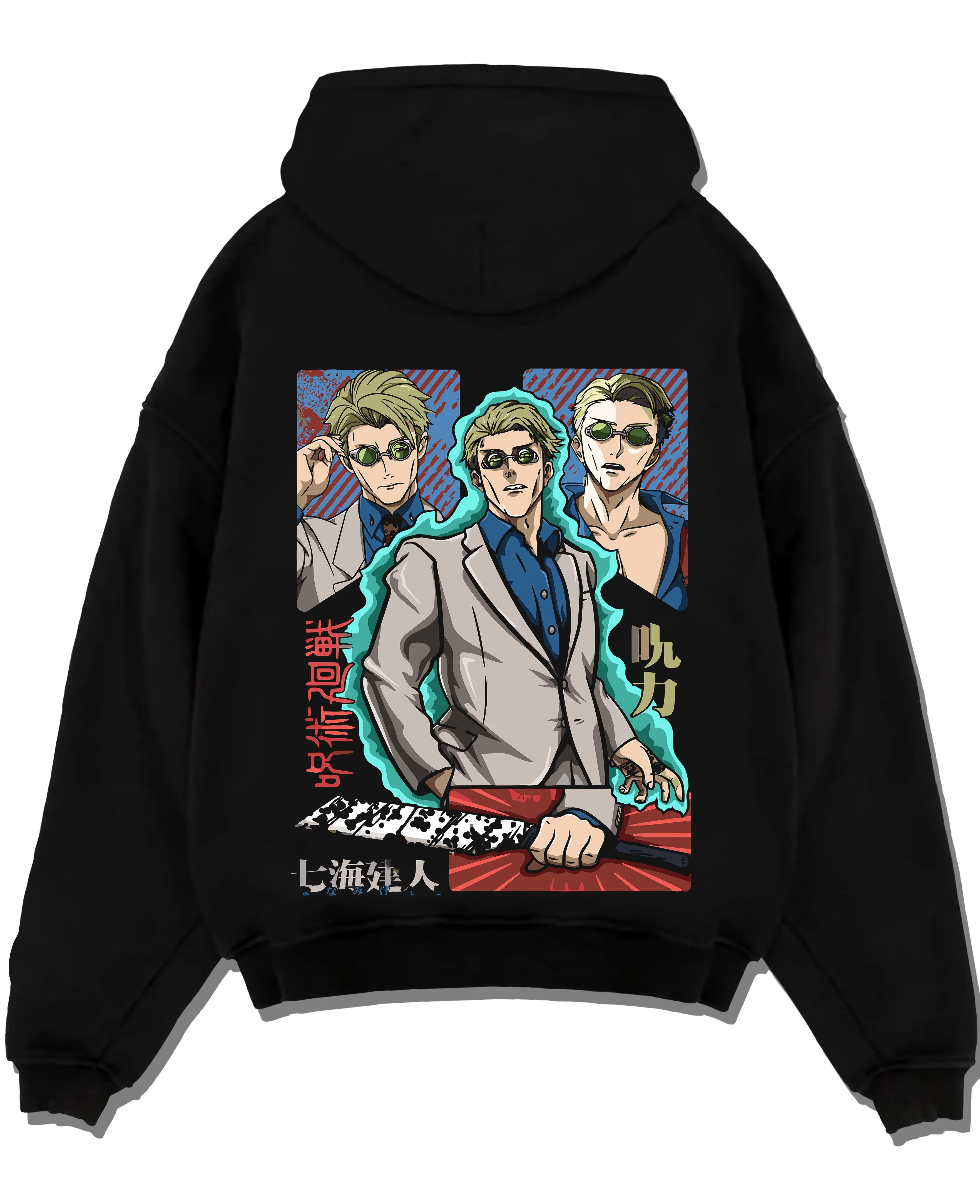 Black pullover hoodie laid flat with Nanami Kento Hoodie Jujutsu Kaisen Business Suit graphic bold anime graphic.