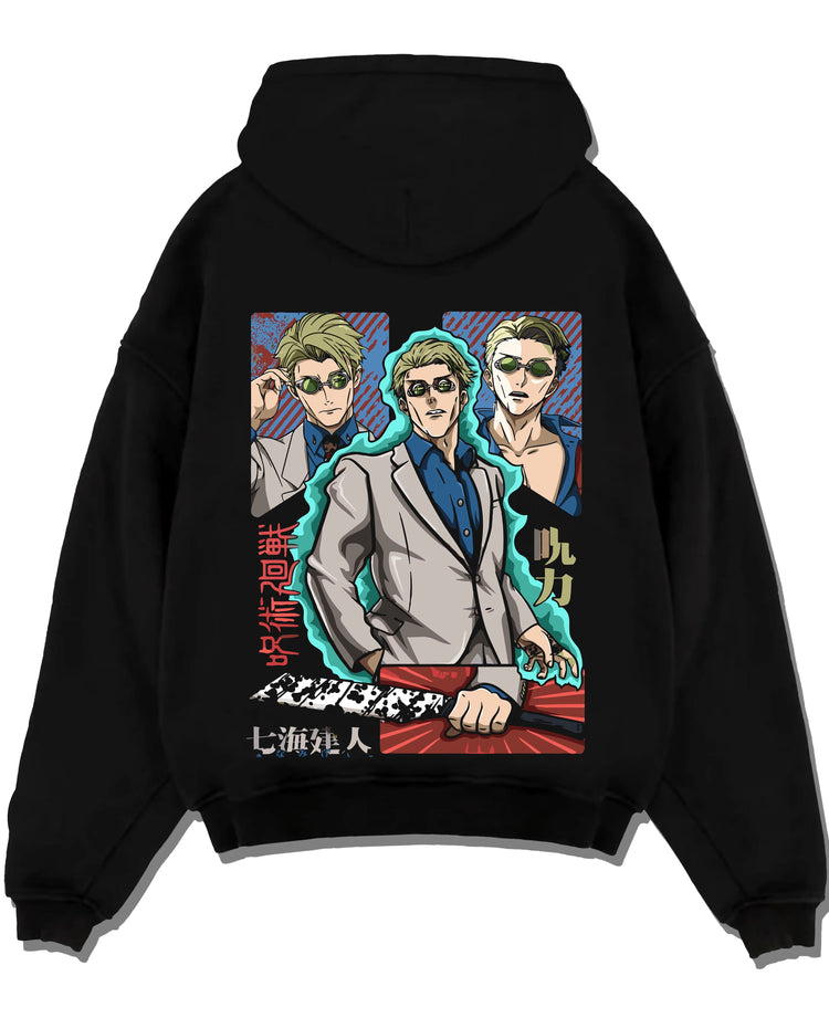 Black pullover hoodie laid flat with Nanami Kento Hoodie Jujutsu Kaisen Business Suit graphic bold anime graphic.