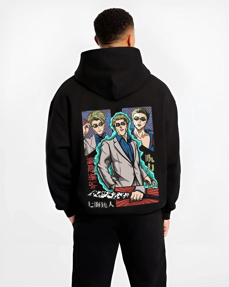 Black hoodie worn by male model, back view with Nanami Kento Hoodie Jujutsu Kaisen Business Suit graphic streetwear graphic.