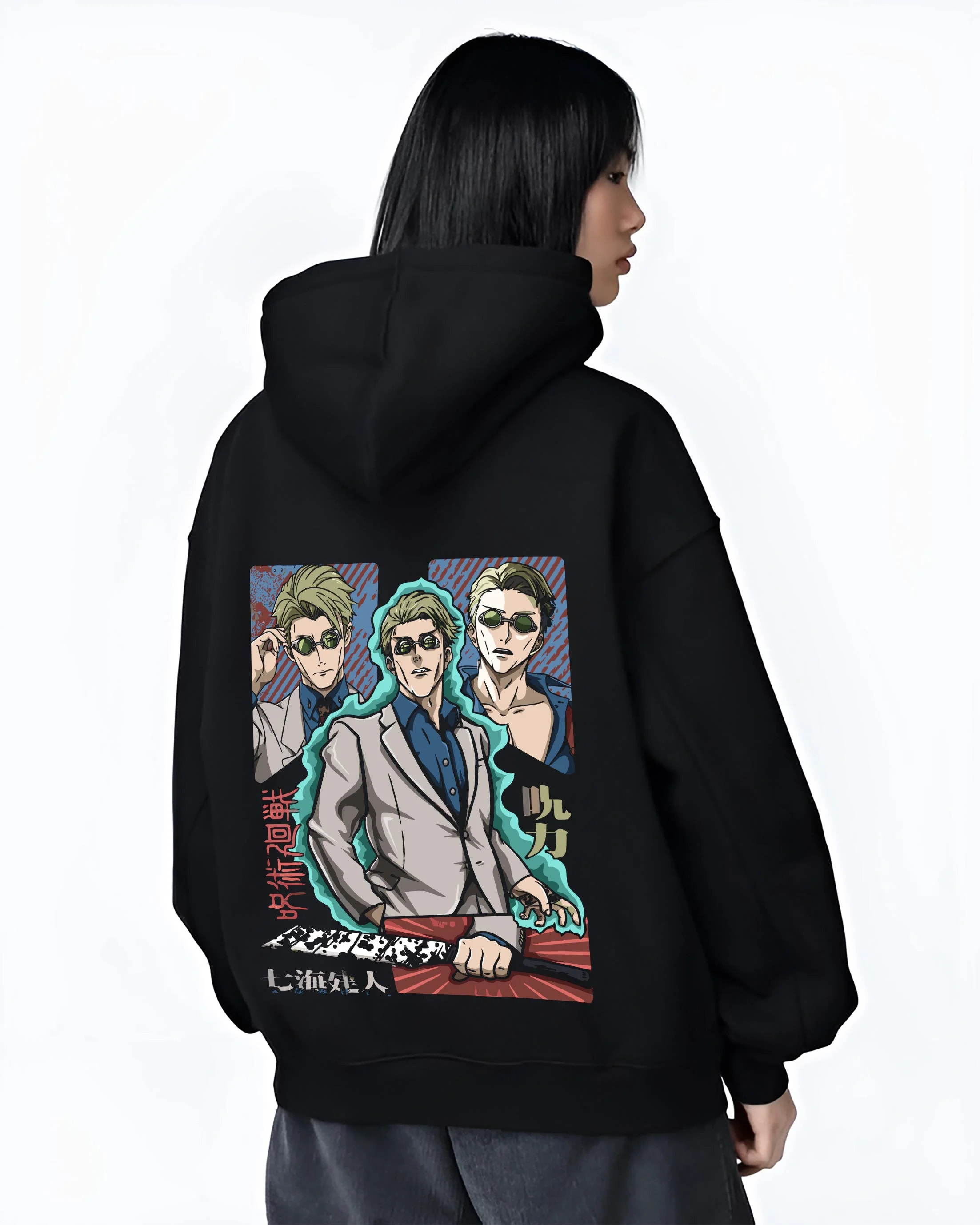 Black hoodie worn by female model, back view with Nanami Kento Hoodie Jujutsu Kaisen Business Suit graphic premium wear.