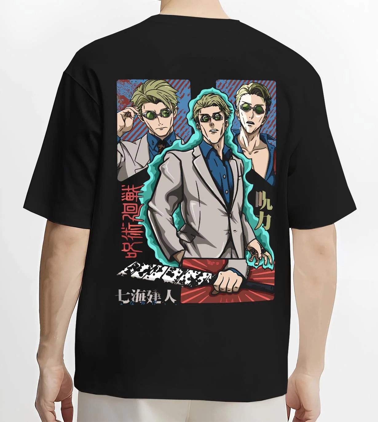 Black T-shirt worn by male model, back view with Nanami Kento Hoodie Jujutsu Kaisen Business Suit graphic premium wear.