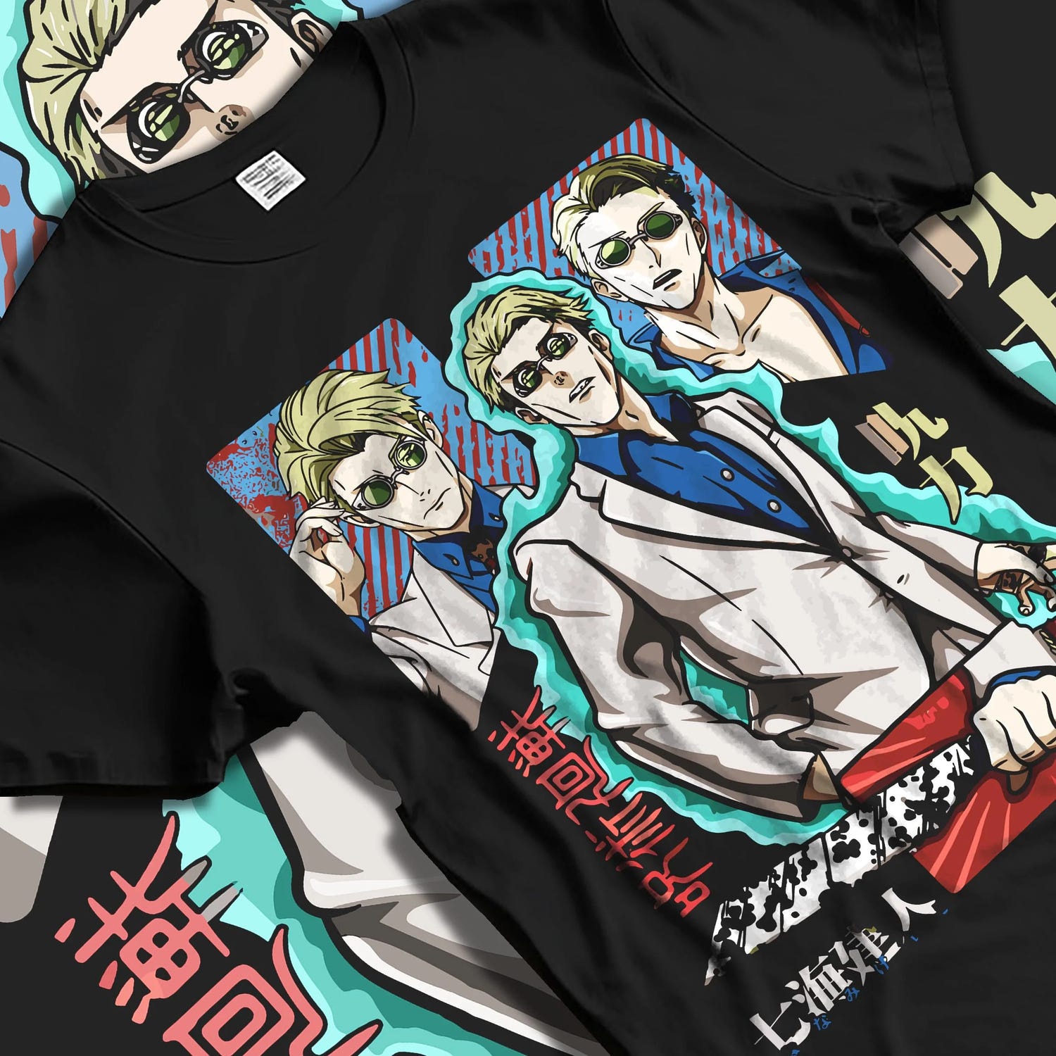 Black T-shirt laid flat with natural folds with Nanami Kento Hoodie Jujutsu Kaisen Business Suit graphic streetwear graphic.