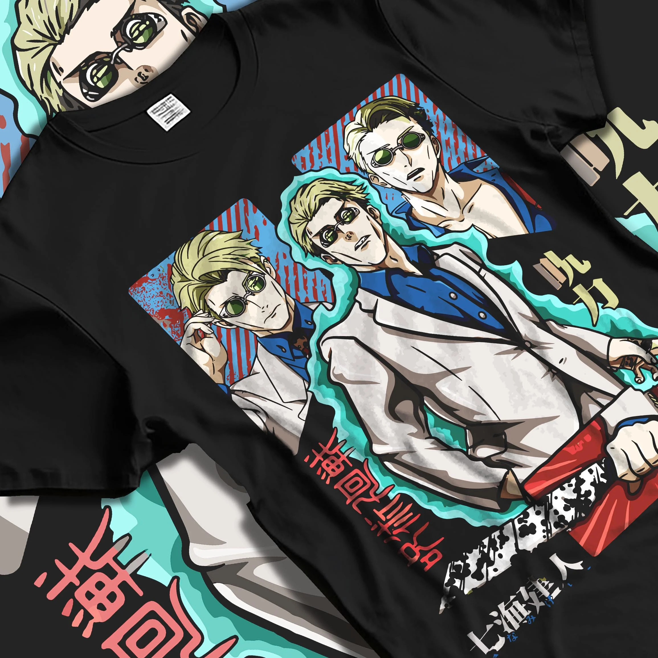 Black T-shirt laid flat with natural folds with Nanami Kento Hoodie Jujutsu Kaisen Business Suit graphic streetwear graphic.