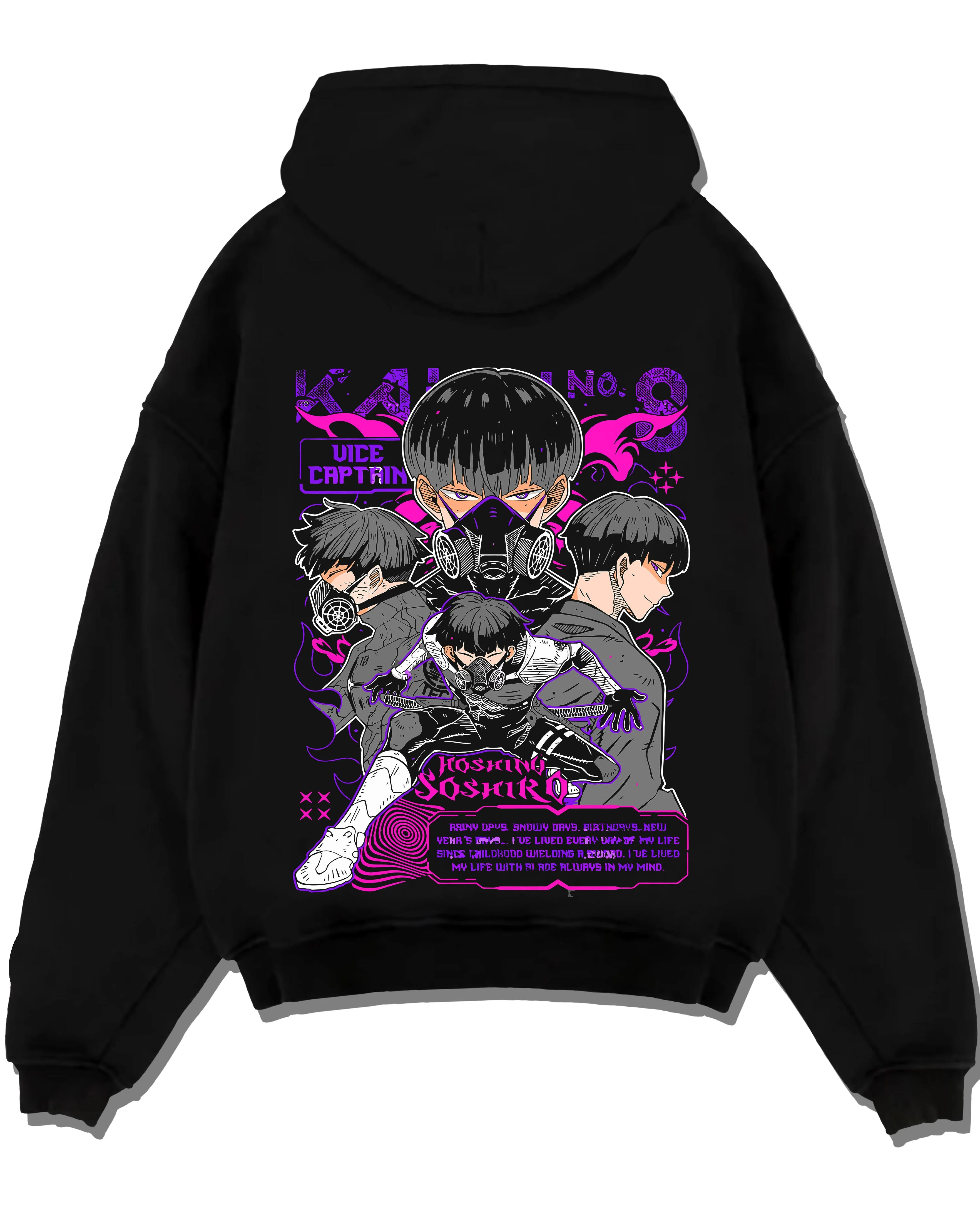Black pullover hoodie laid flat with Soshiro Hoshina Hoodie Kaiju No. 8 Vice Captain graphic premium wear.
