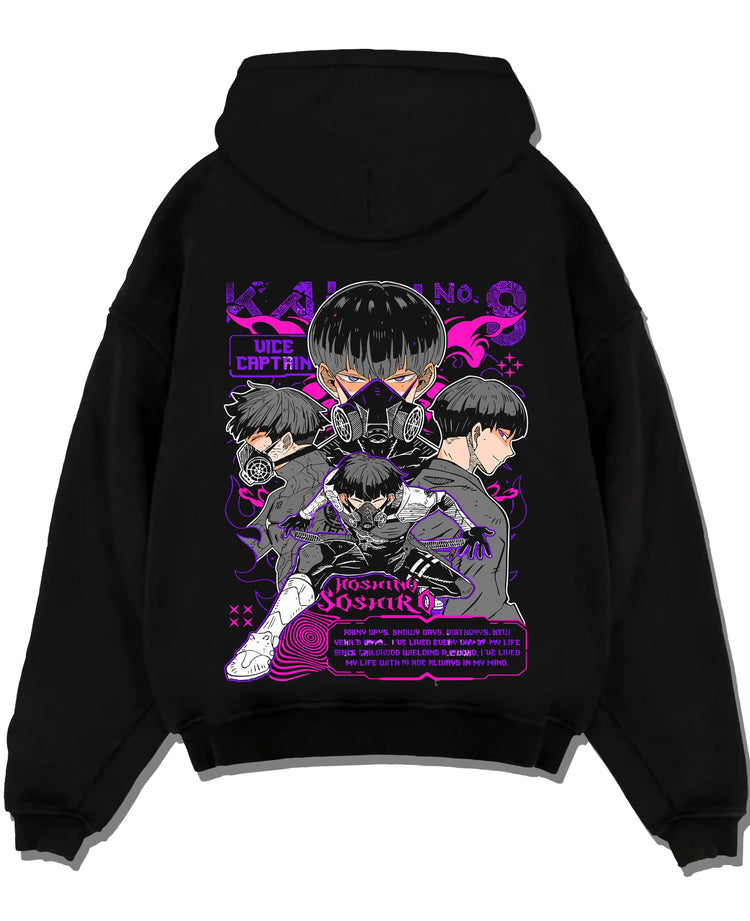 Black pullover hoodie laid flat with Soshiro Hoshina Hoodie Kaiju No. 8 Vice Captain graphic premium wear.