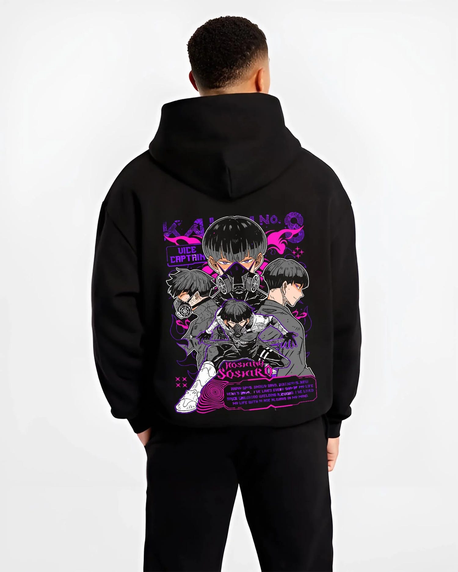 Black hoodie worn by male model, back view with Soshiro Hoshina Hoodie Kaiju No. 8 Vice Captain graphic bold anime graphic.